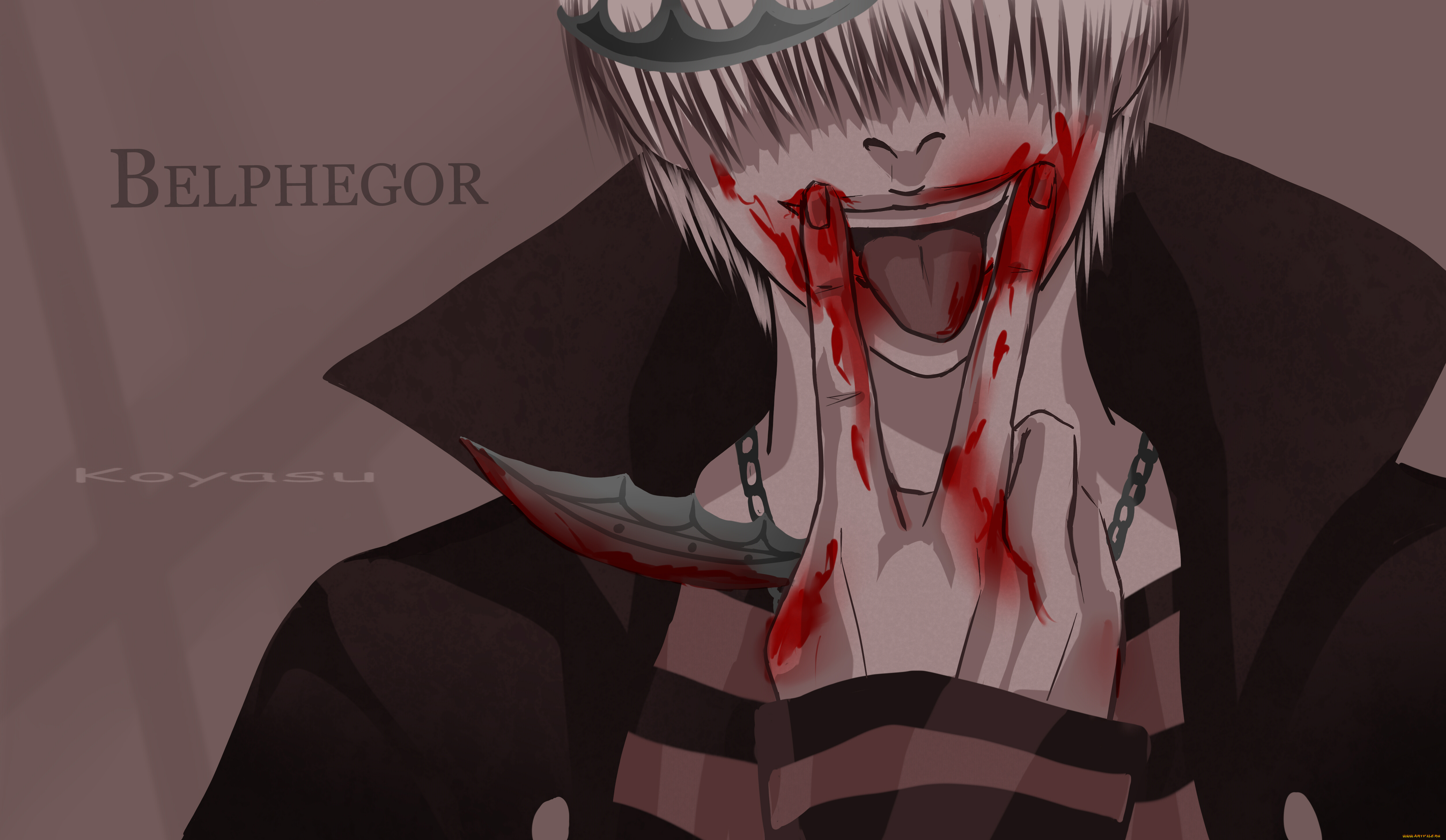 аниме, katekyo, hitman, reborn, бельфегор, корона, принц, кровь, улыбка, нож, арт, цепочка, рука