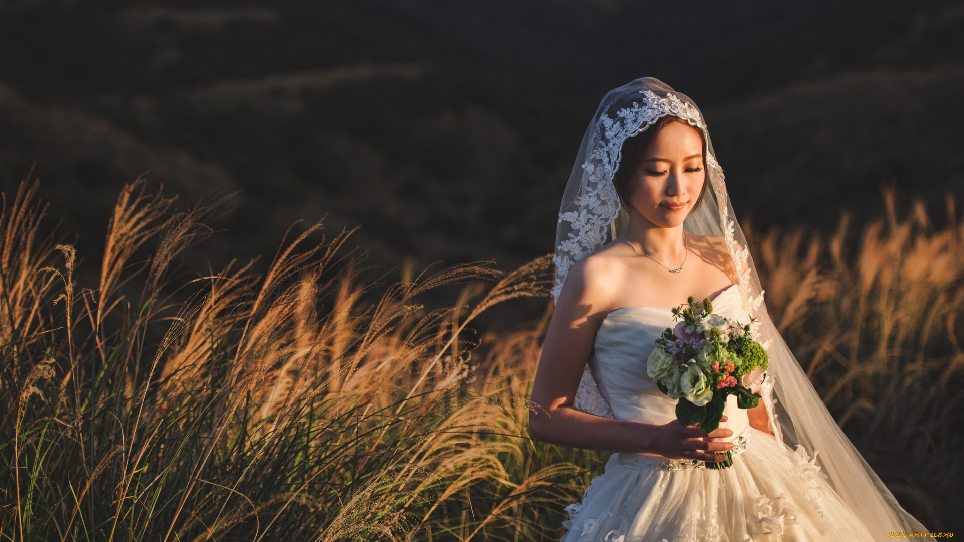 девушки, -unsort, , азиатки, колосья, поле, азиатка, невеста, свадьба, девушка, букет