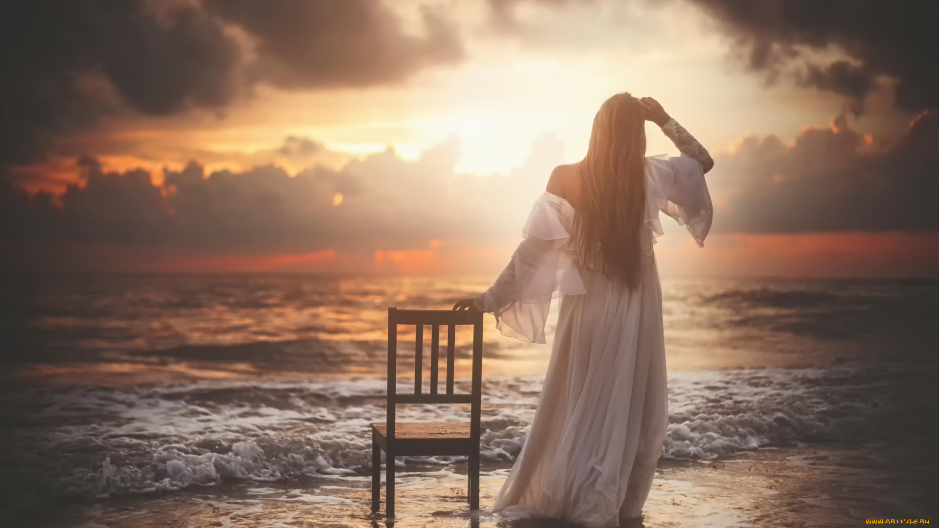 девушки, -unsort, , брюнетки, , шатенки, стул, прибой, арт, девушка, forsaken, берег