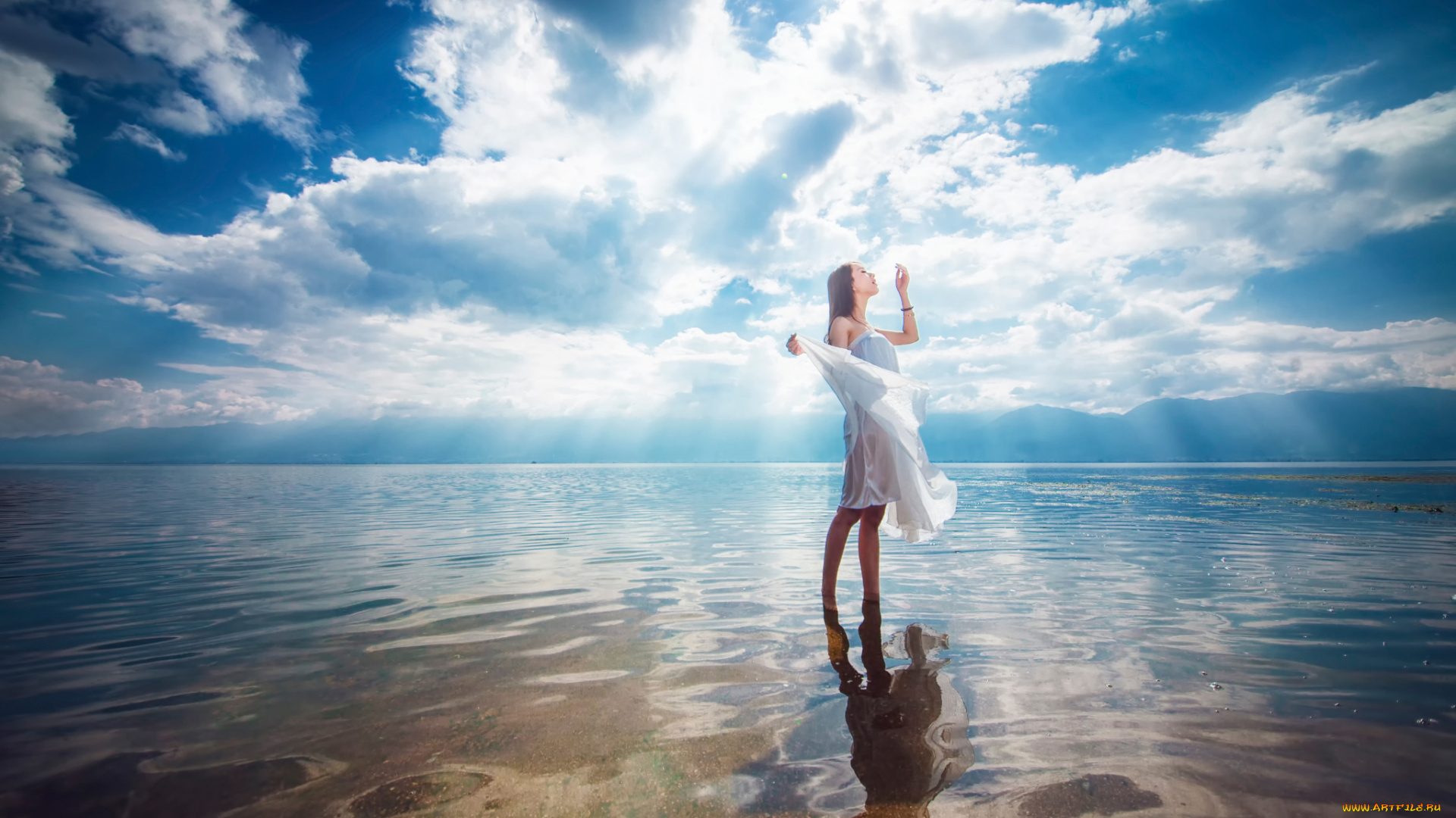 девушки, -unsort, , брюнетки, , шатенки, в, воде, облака, небо, отражение, девушка