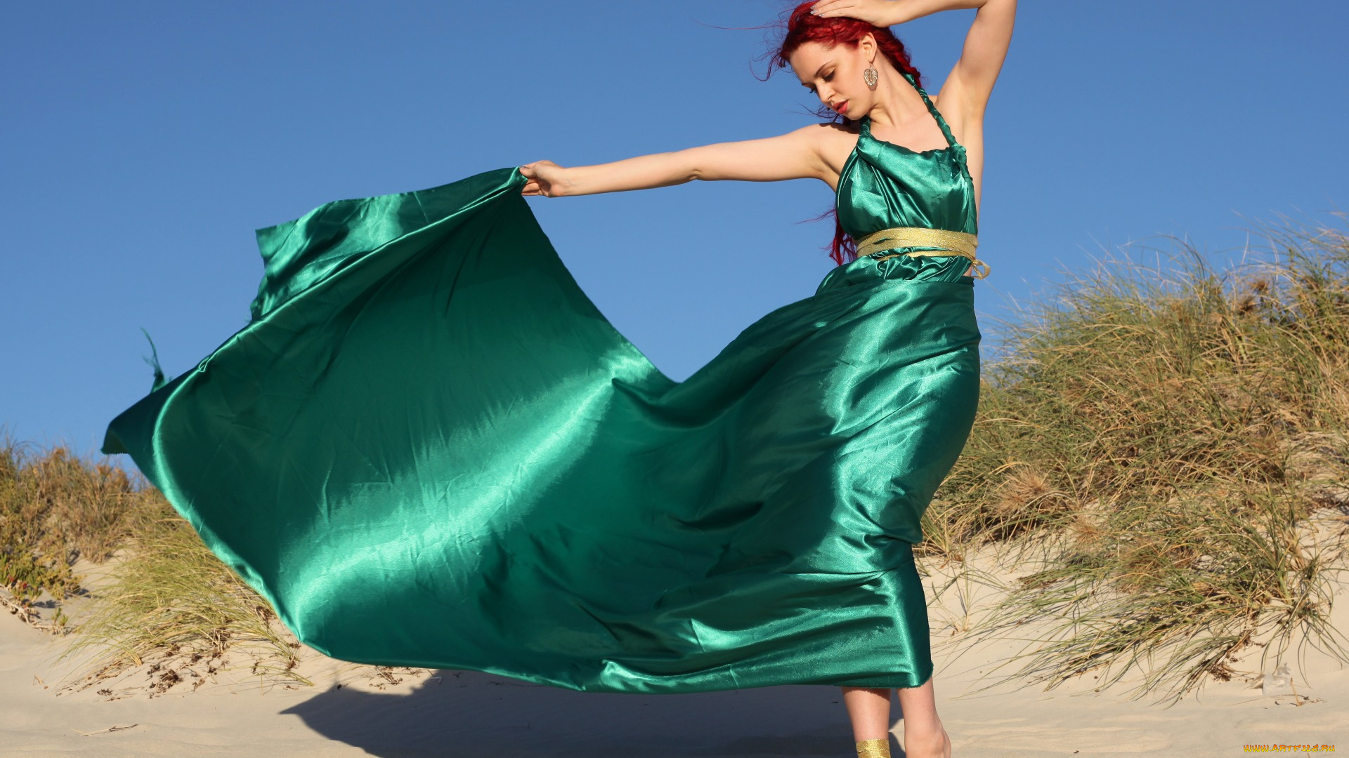 девушки, -unsort, , рыжеволосые, и, другие, зеленое, волосы, поза, красные, шлейф, песок, платье, девушка