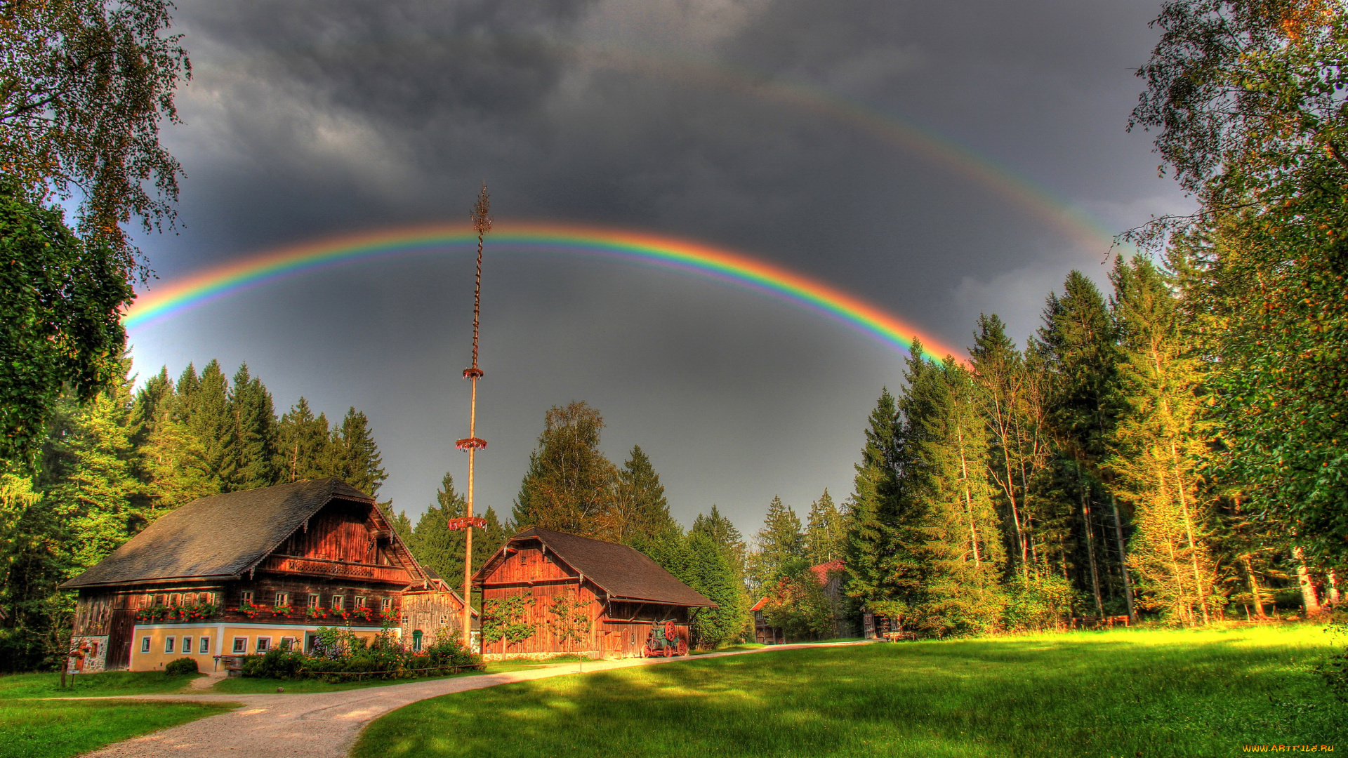 grossgmain, австрия, города, -, пейзажи, дома, австрия, grossgmain, трава, лес, радуга