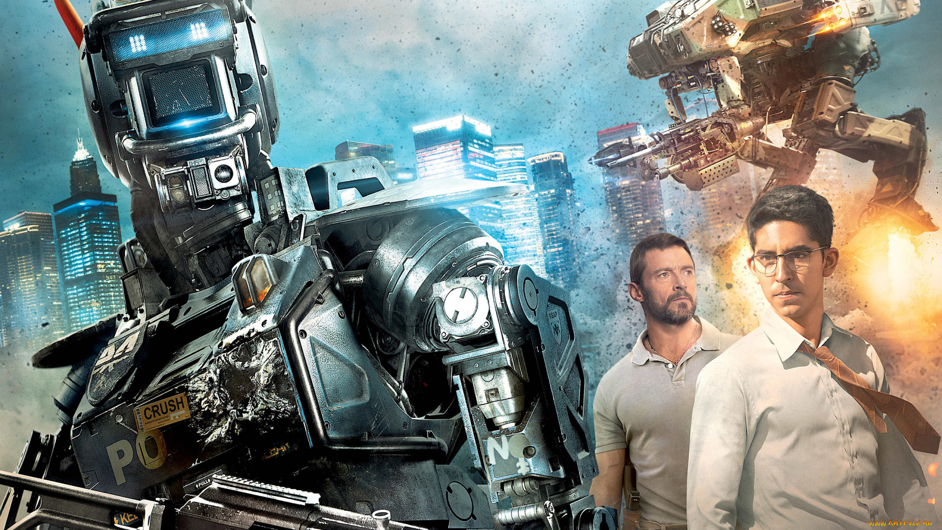 кино, фильмы, chappie, хью, джекман, постер, hugh, jackman, робот, по, имени, Чаппи, dev, patel, дев, патель, sharlto, copley, шарлто, копли, оружие, стрельба, роботы
