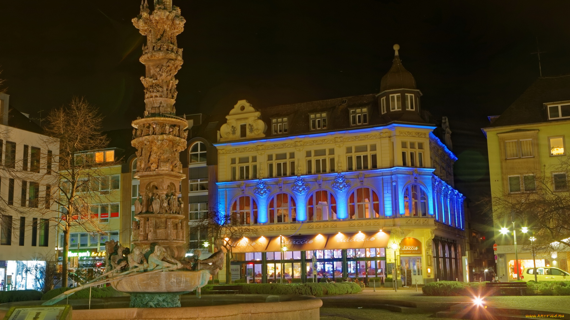 koblenz, , германия, города, -, огни, ночного, города, дома, германия, площадь, фонтан, koblenz, ночь, огни