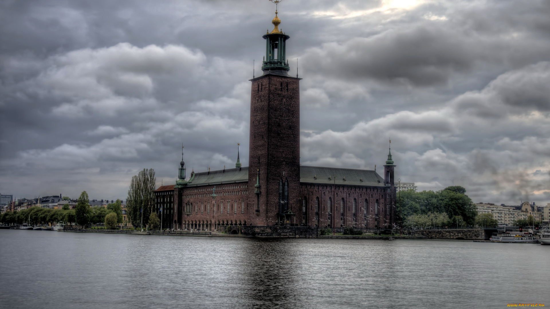 town, hall, города, стокгольм, , швеция, стокгольм, закат, дворец, река