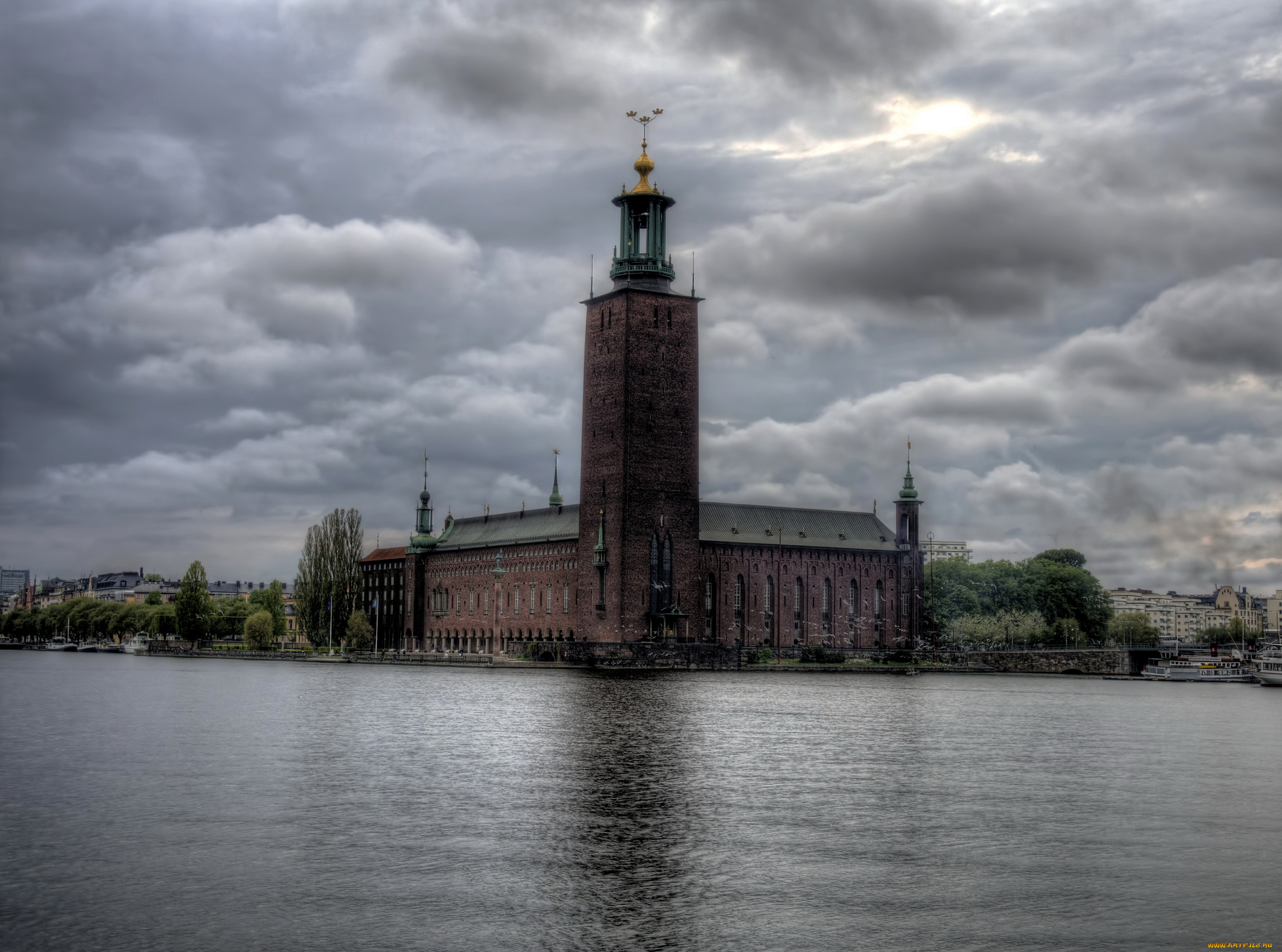 town, hall, города, стокгольм, , швеция, стокгольм, закат, дворец, река