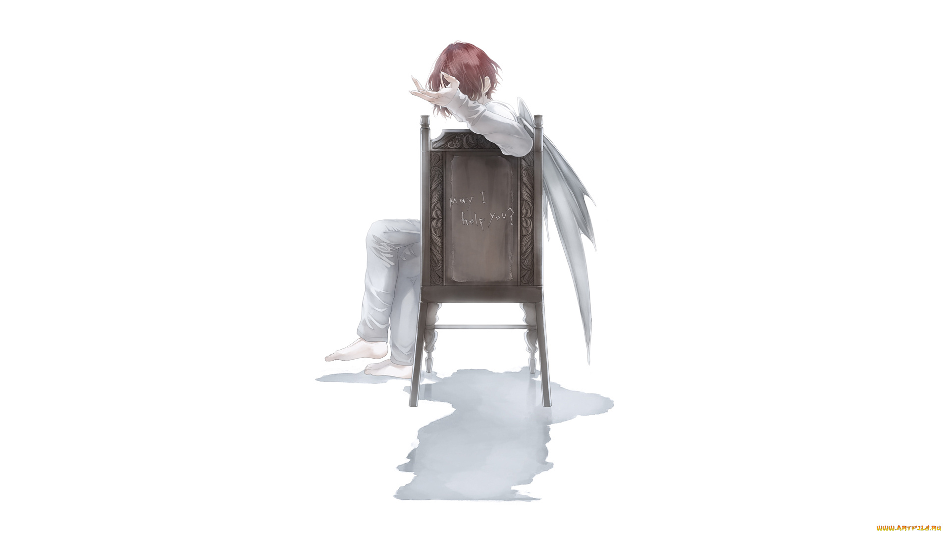 аниме, ангелы, , демоны, re, art, надпись, стул, крылья, парень