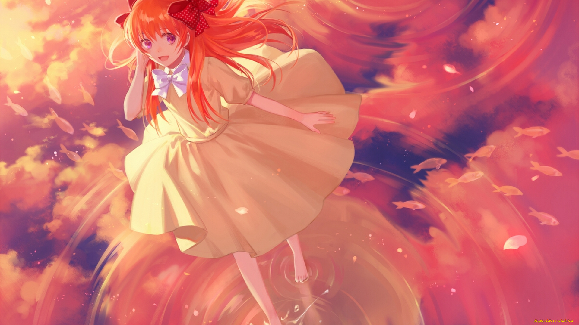 аниме, gekkan, shoujo, nozaki-kun, облака, небо, улыбка, отражение, вода, девушка, sakura, chiyo, cotta, арт, gekkan, shoujo, nozaki-kun