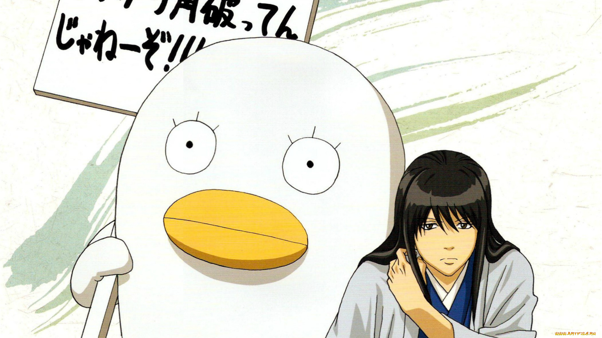 аниме, gintama, elizabeth, белый, фон, табличка, существо, kotarou, katsura, silver, soul, иероглифы, гинтама