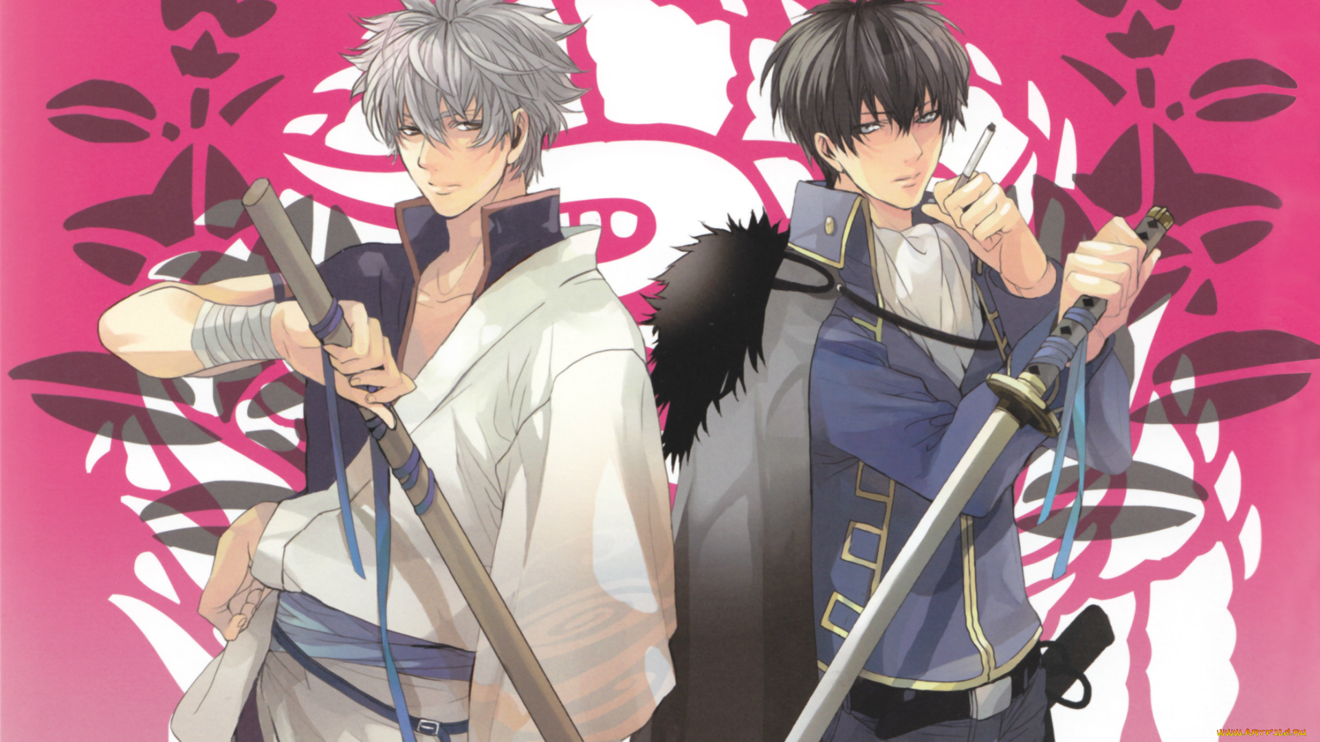 аниме, gintama, кимоно, катана, hijikata, toushirou, гинтама, silver, soul, двое, sakata, gintoki, узор, сигарета