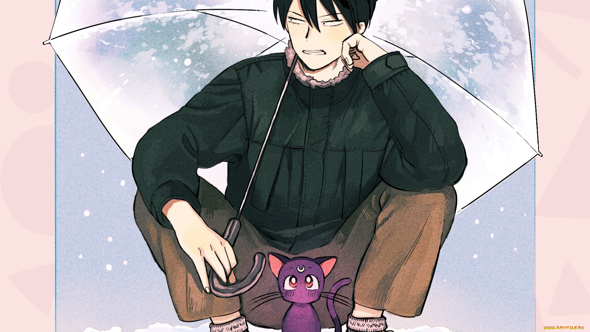 аниме, sailor, moon, luna, парень, зонт, sailor, moon