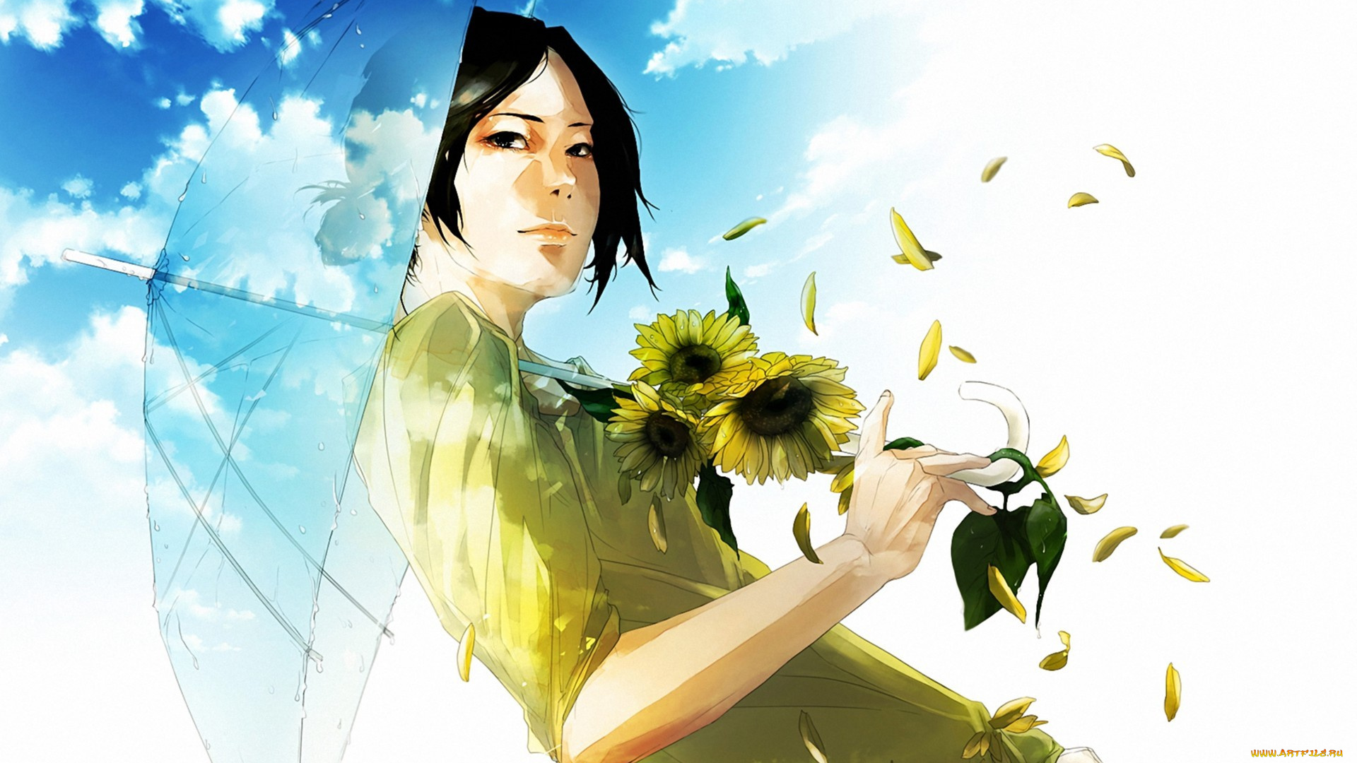 аниме, unknown, , другое, цветы, зонт, re, девушка, арт