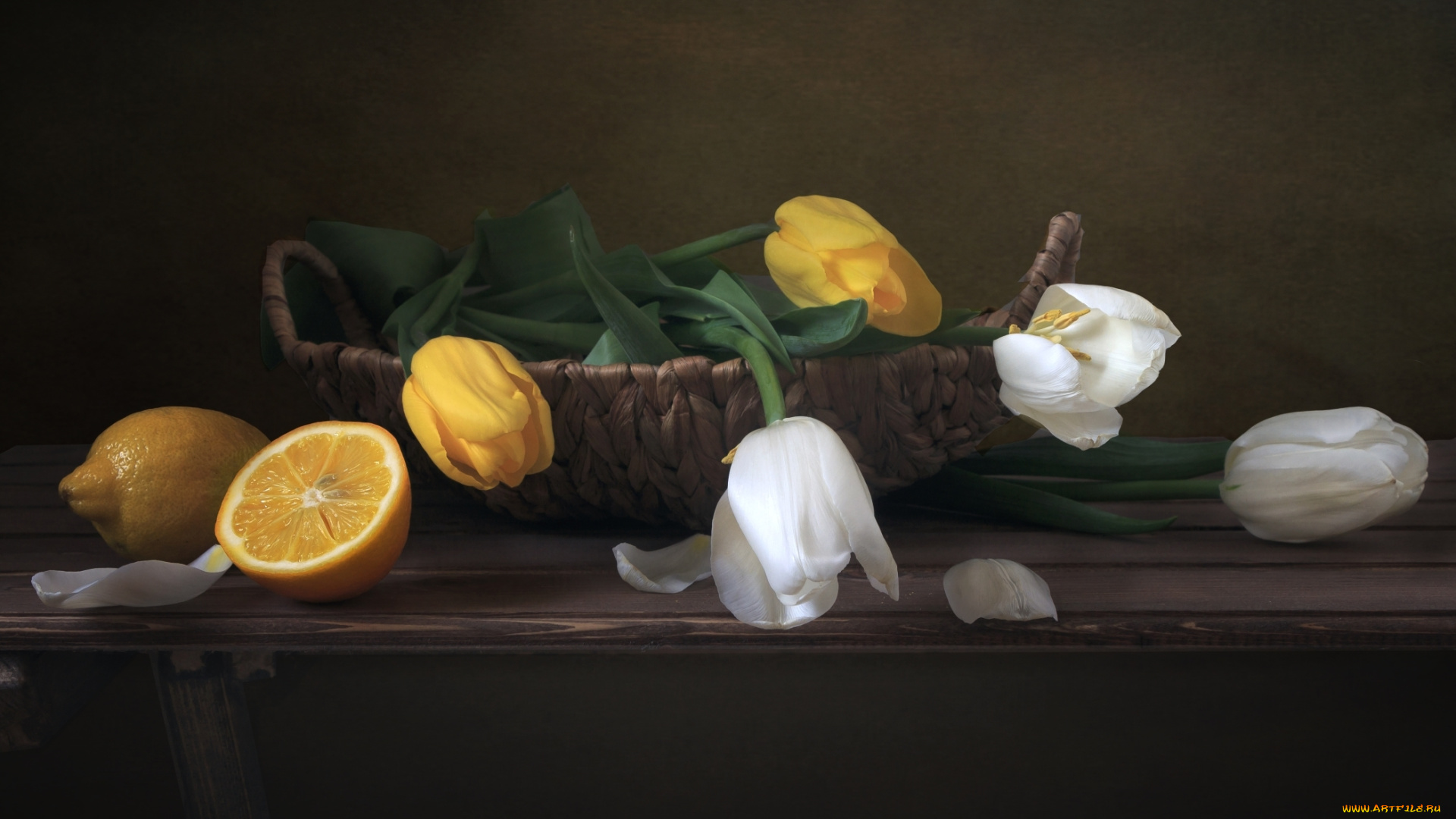 цветы, тюльпаны, лимон, корзина