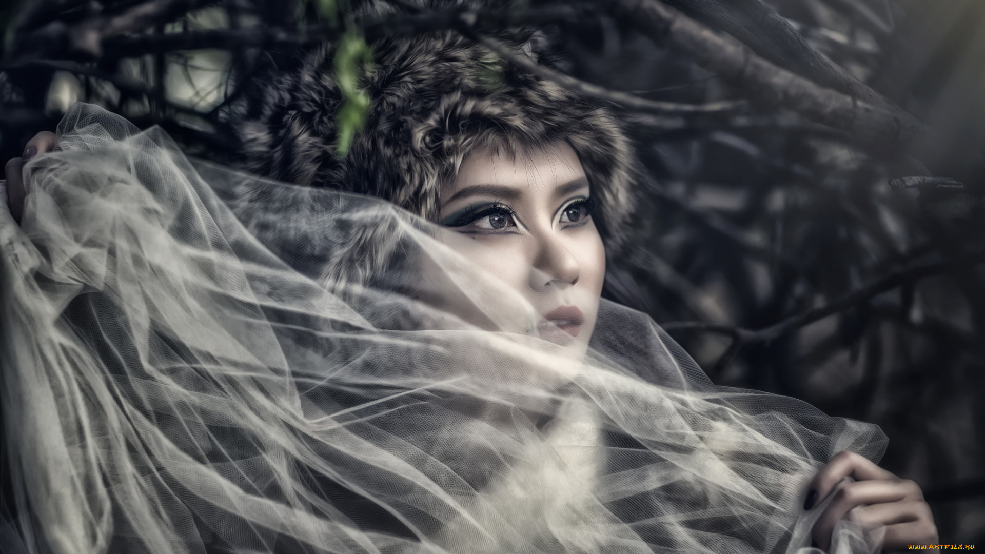 девушки, -unsort, , азиатки, азиатка, модель, лицо, взгляд, макияж, тюль, шапка, ветки, настроение