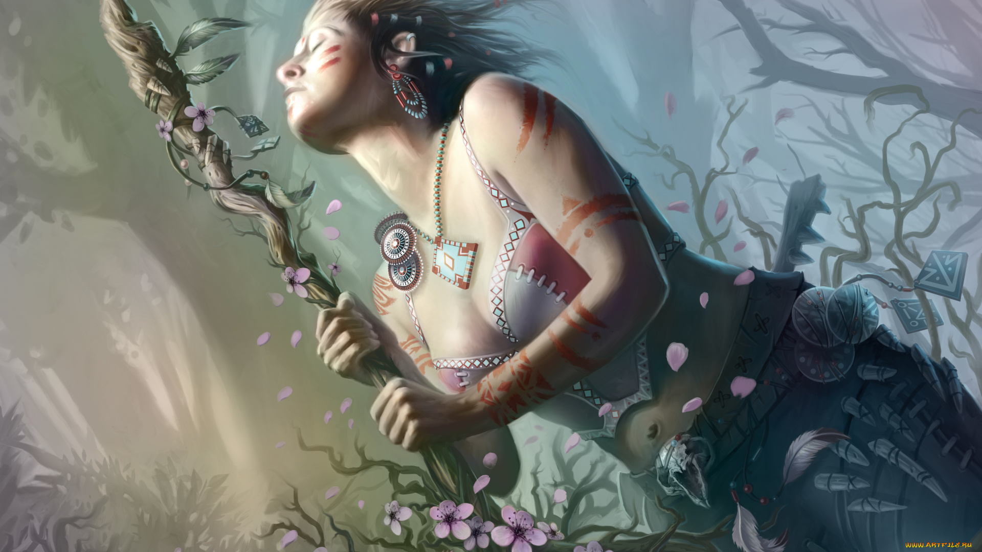 фэнтези, девушки, деревья, ветки, растения, цветы, украшения, профиль, девушка, арт