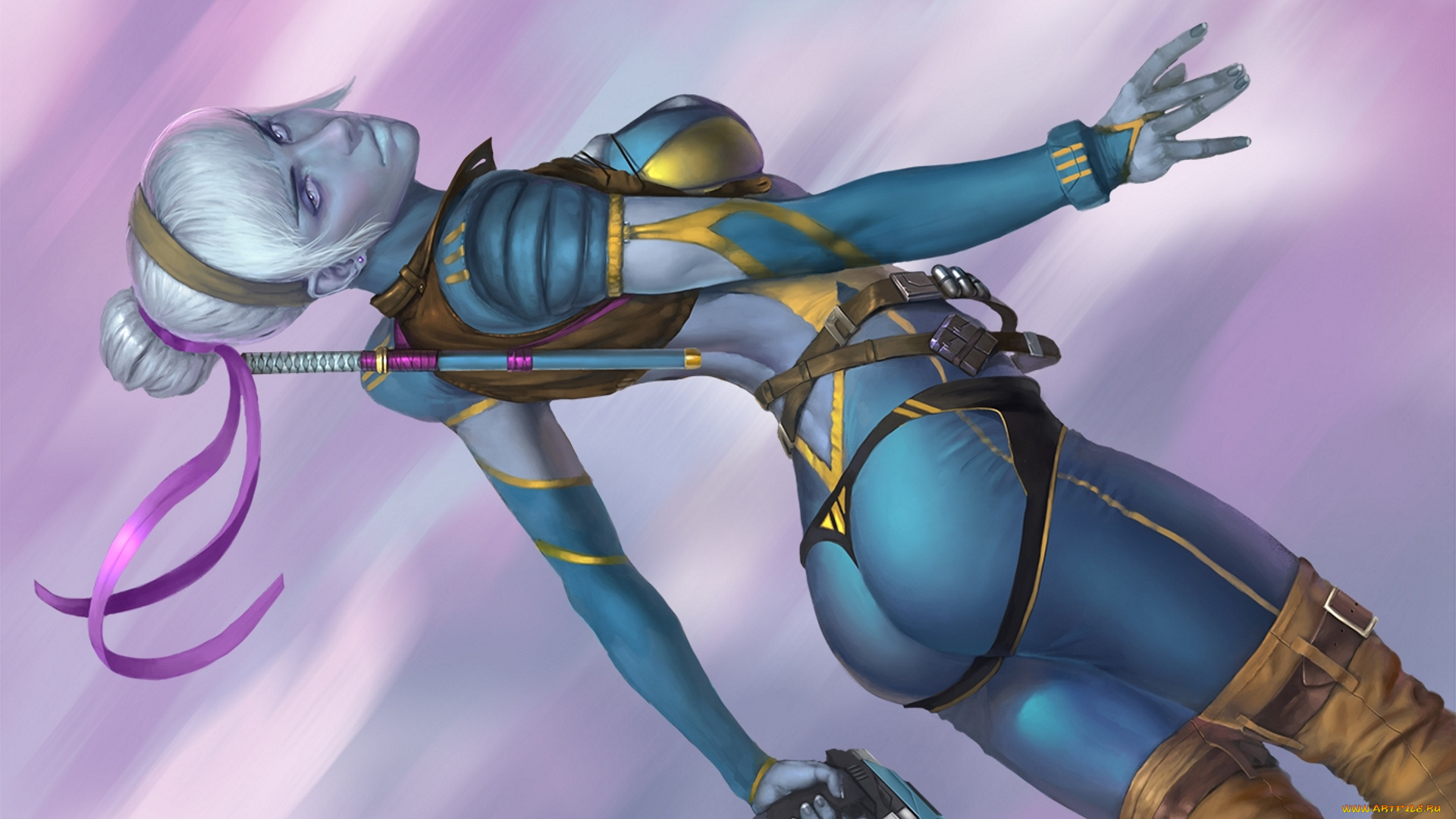 фэнтези, девушки, портупея, рисунок, арт, art, комбинезон, пистолет, девушка, падение, белые, волосы, ленты, фантастика, sci-fi, оружие, by, nutfullin