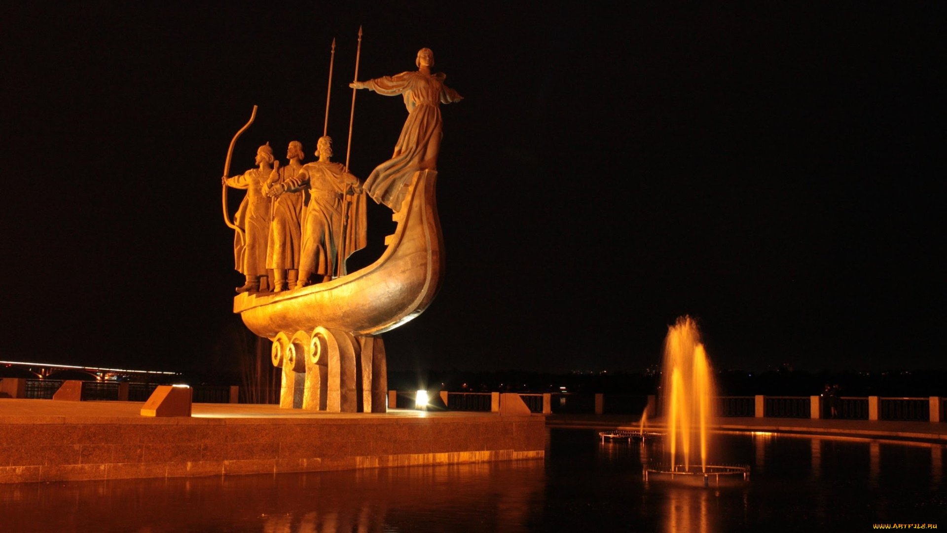 города, -, памятники, , скульптуры, , арт-объекты, основатели, набережная, днепр, памятник, ночной, город, киев