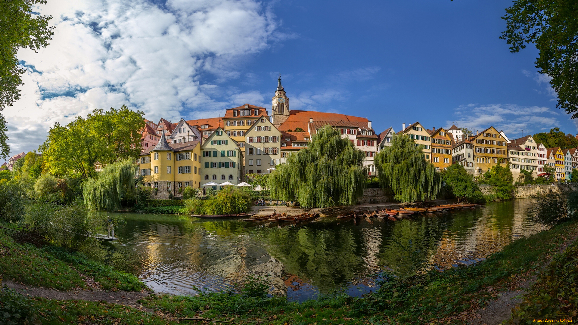 города, -, улицы, , площади, , набережные, набережная, река, неккар, панорама, здания, germany, баден-вюртемберг, тюбинген, германия, neckar, river