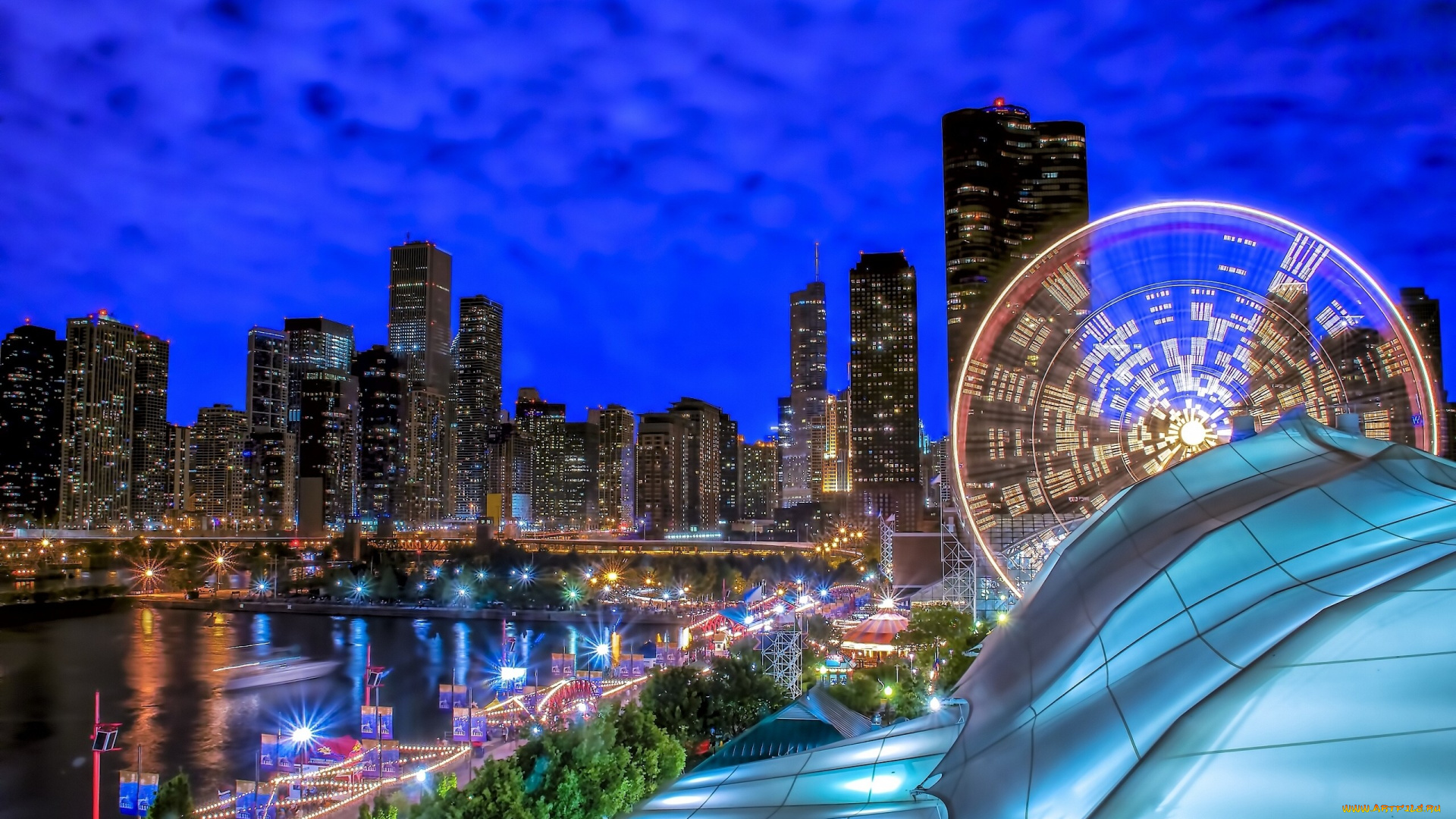 города, Чикаго, , сша, lake, michigan, иллинойс, озеро, chicago, navy, pier, illinois, ночной, город, мичиган, здания, небоскрёбы, военно-морской, пирс, набережная, Чикаго