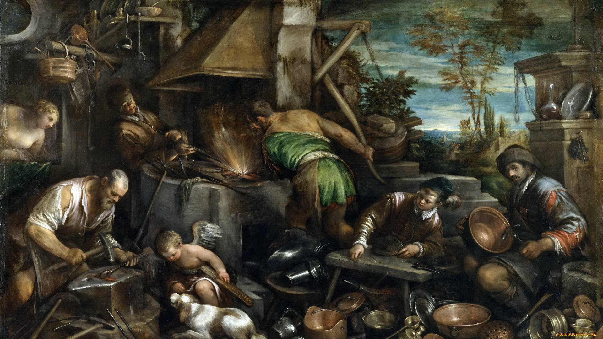 jacopo, bassano, рисованное, мифология, картина, кузница, вулкана, жанровая