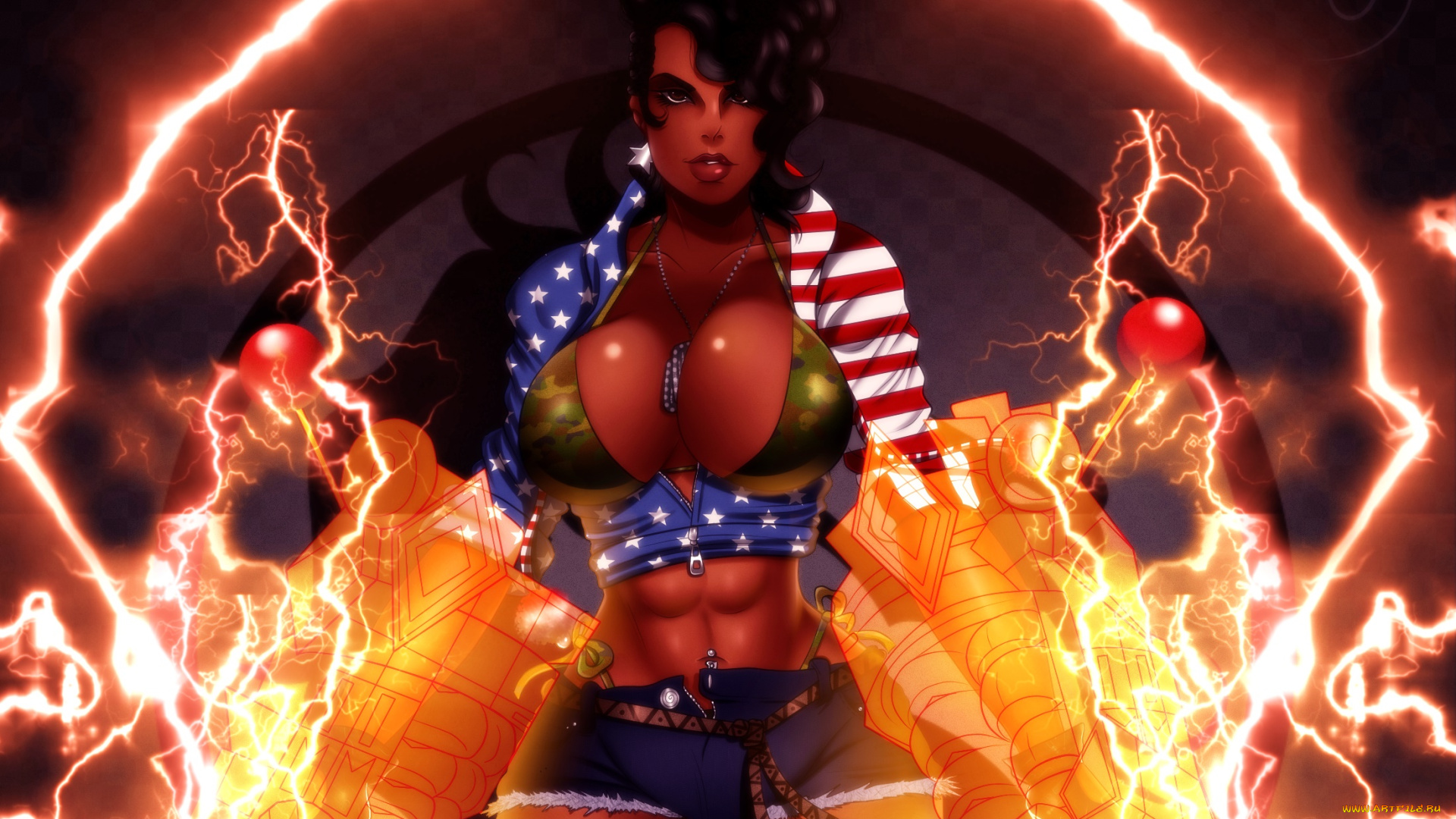 рисованное, люди, молнии, фон, взгляд, девушка