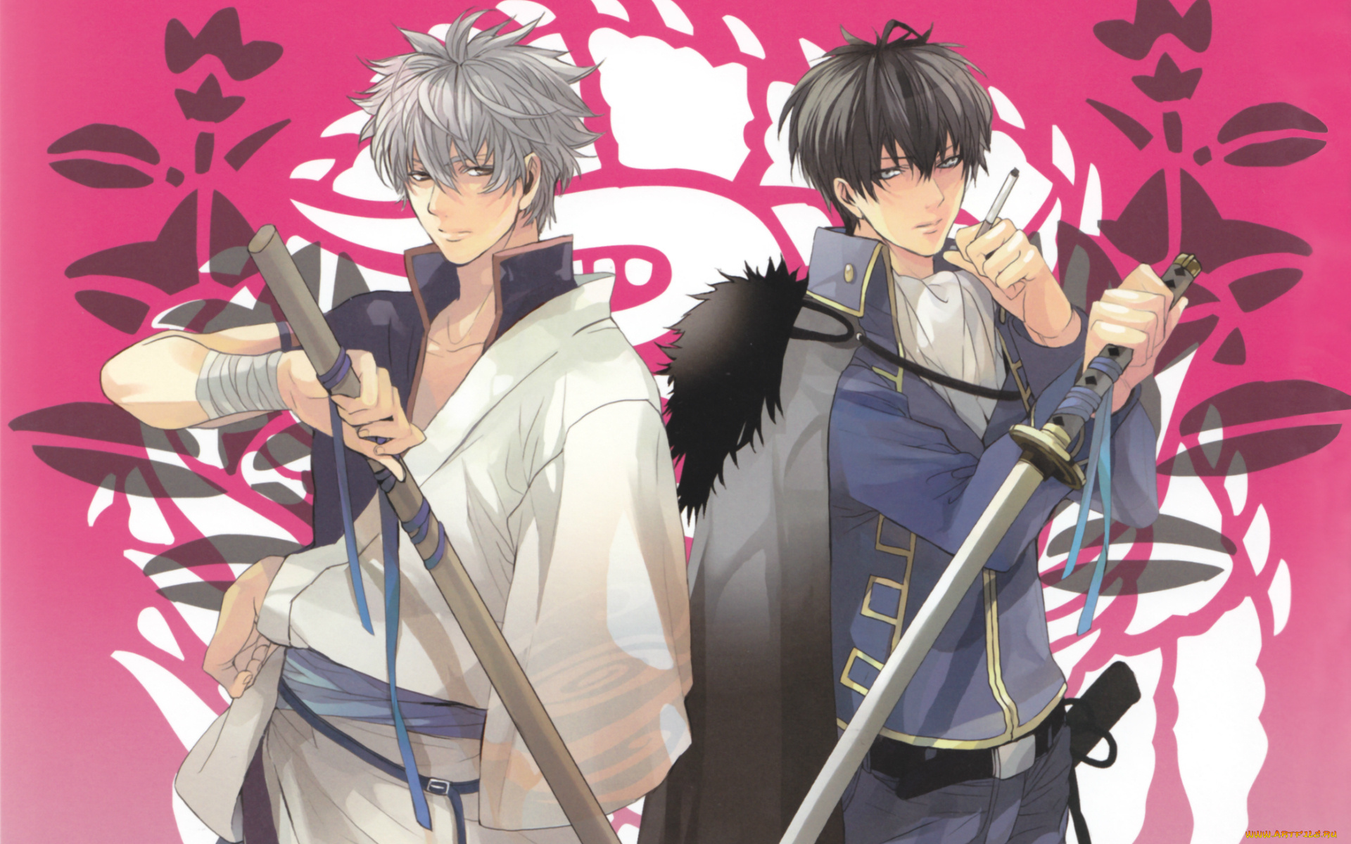 аниме, gintama, кимоно, катана, hijikata, toushirou, гинтама, silver, soul, двое, sakata, gintoki, узор, сигарета