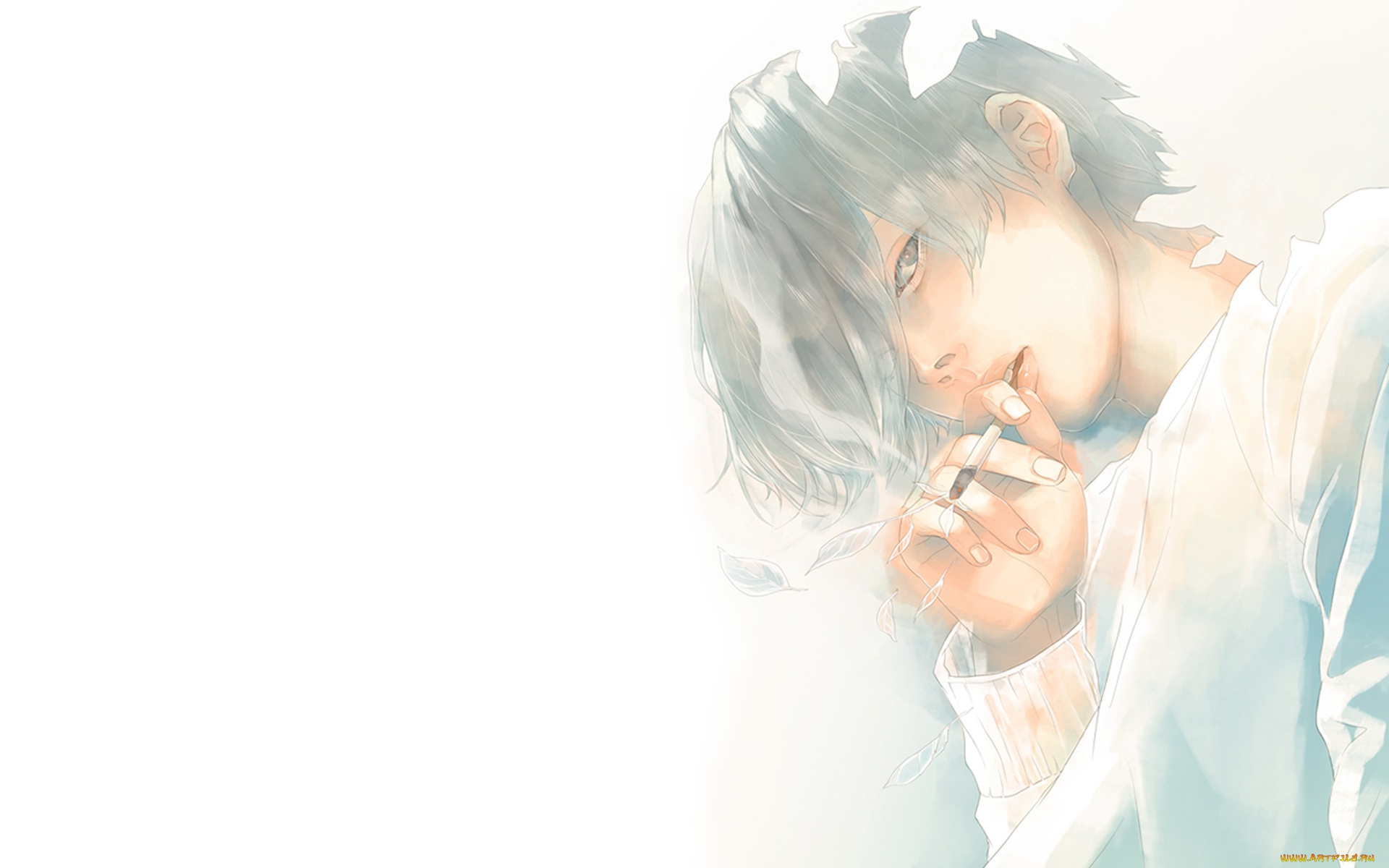 аниме, unknown, , другое, re, взгляд, сигарета, листья, парень, арт