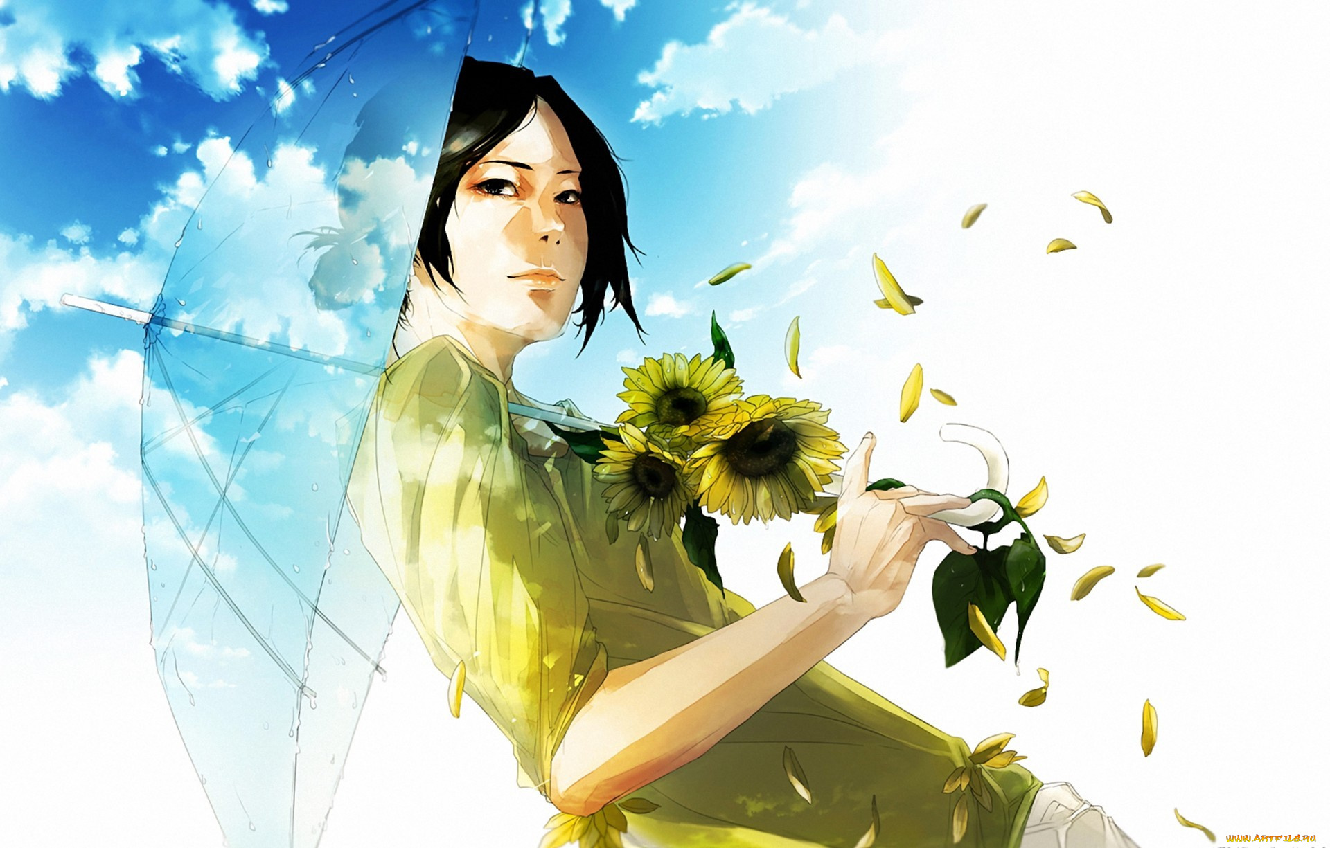 аниме, unknown, , другое, цветы, зонт, re, девушка, арт