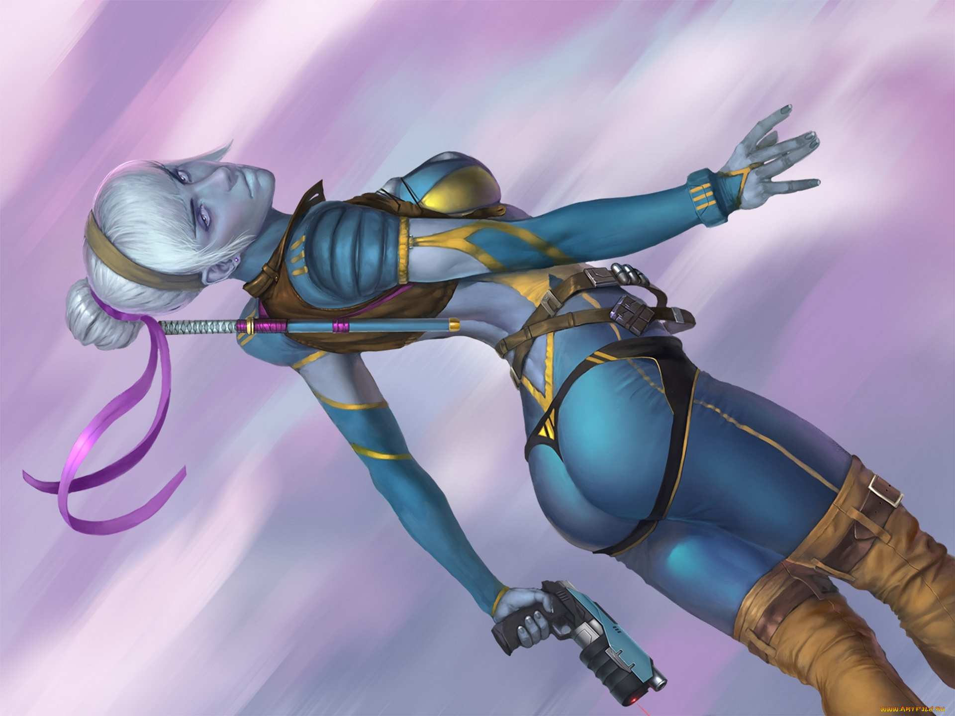 фэнтези, девушки, портупея, рисунок, арт, art, комбинезон, пистолет, девушка, падение, белые, волосы, ленты, фантастика, sci-fi, оружие, by, nutfullin