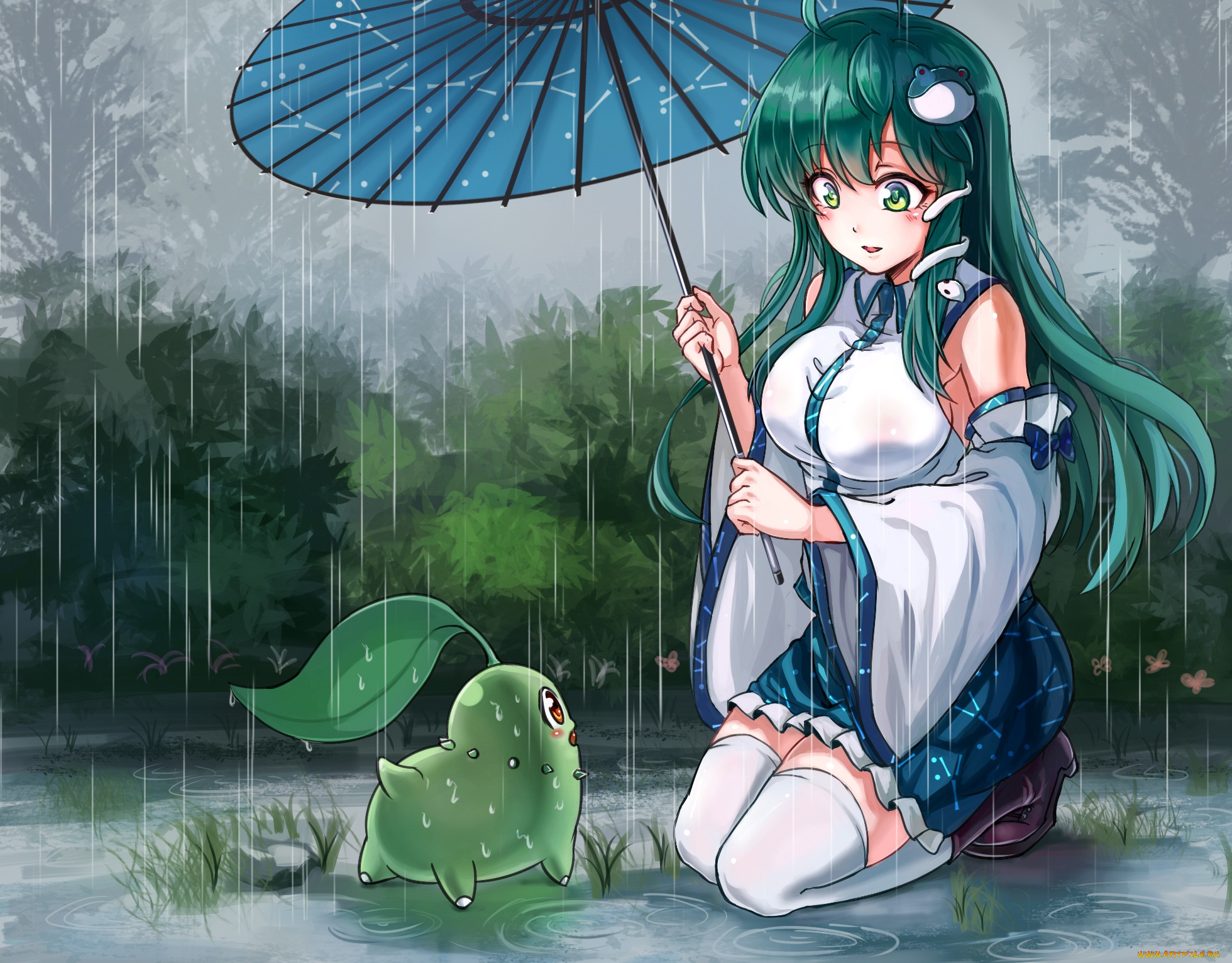 аниме, touhou, kochiya, sanae, chikorita, pokemon, koissa