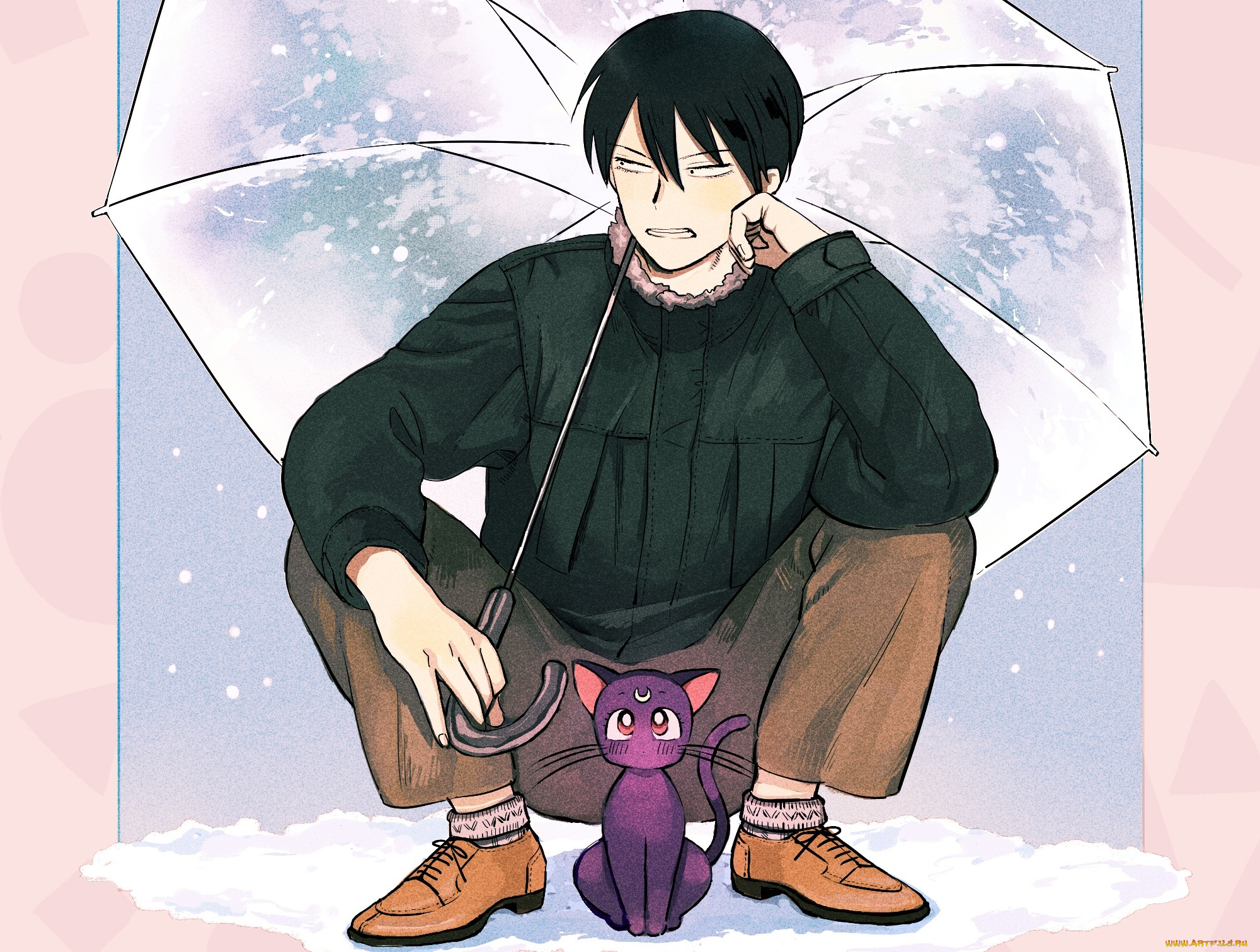 аниме, sailor, moon, luna, парень, зонт, sailor, moon