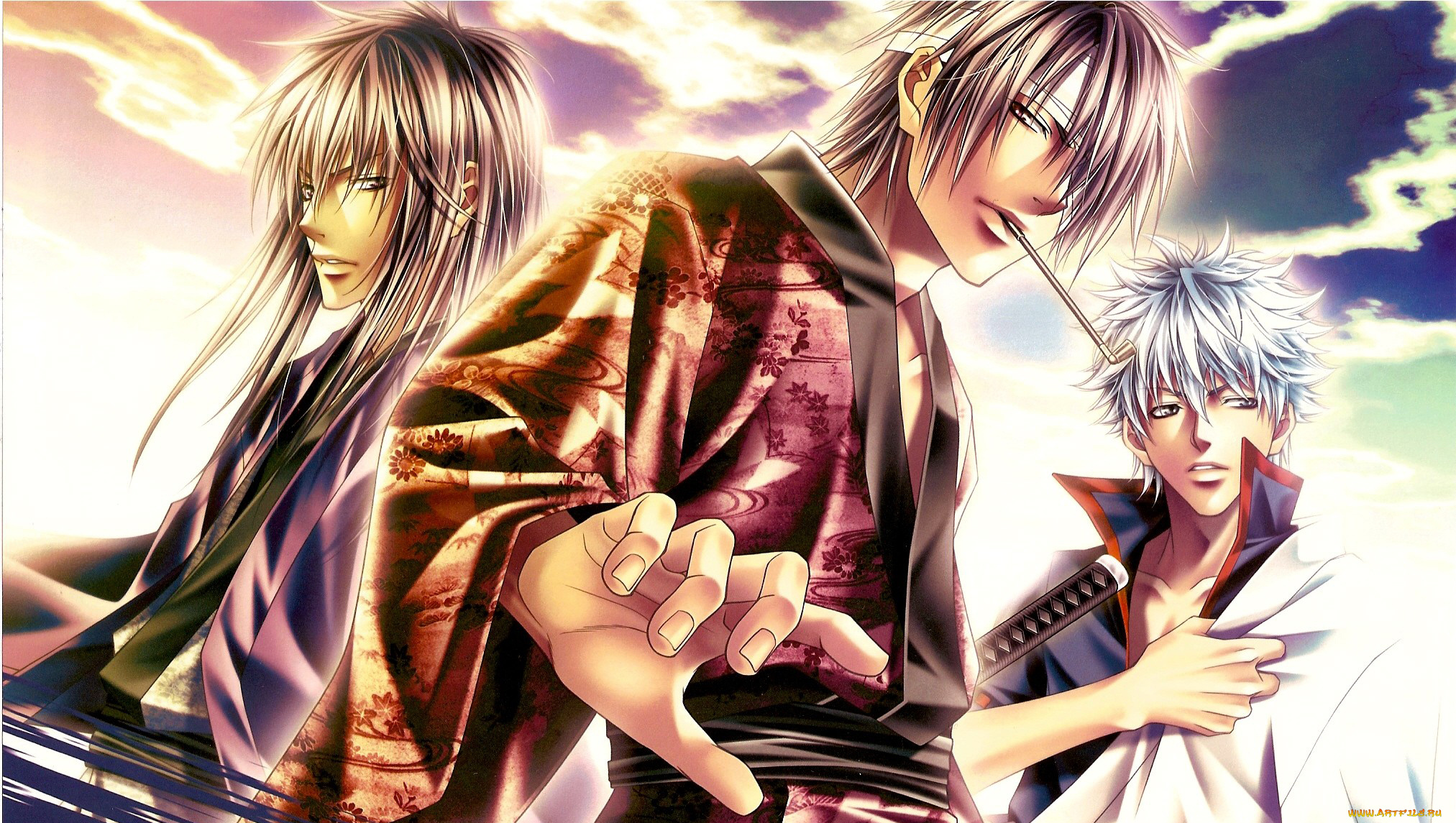 аниме, gintama, небо, katsura, kotaro, sakata, gintoki, катана, повязка, парни, takasugi, shinsuke, трое