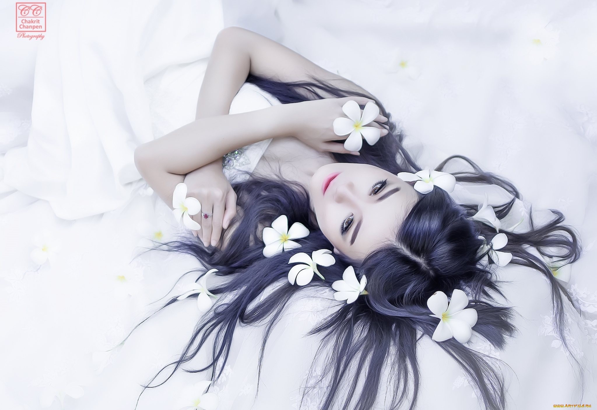 девушки, -unsort, , азиатки, платье, азиатка, плюмерия, цветы, волосы