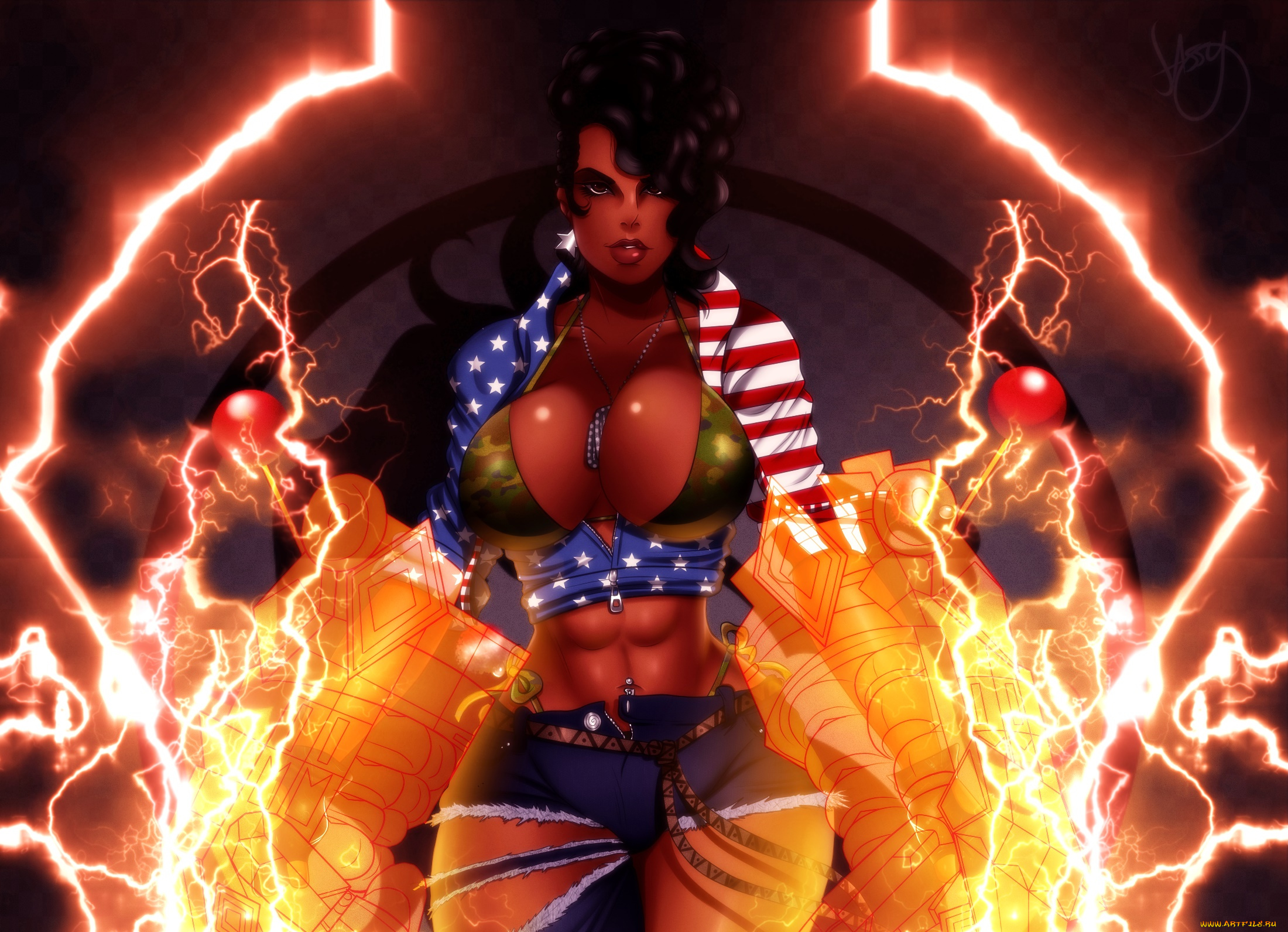 рисованное, люди, молнии, фон, взгляд, девушка