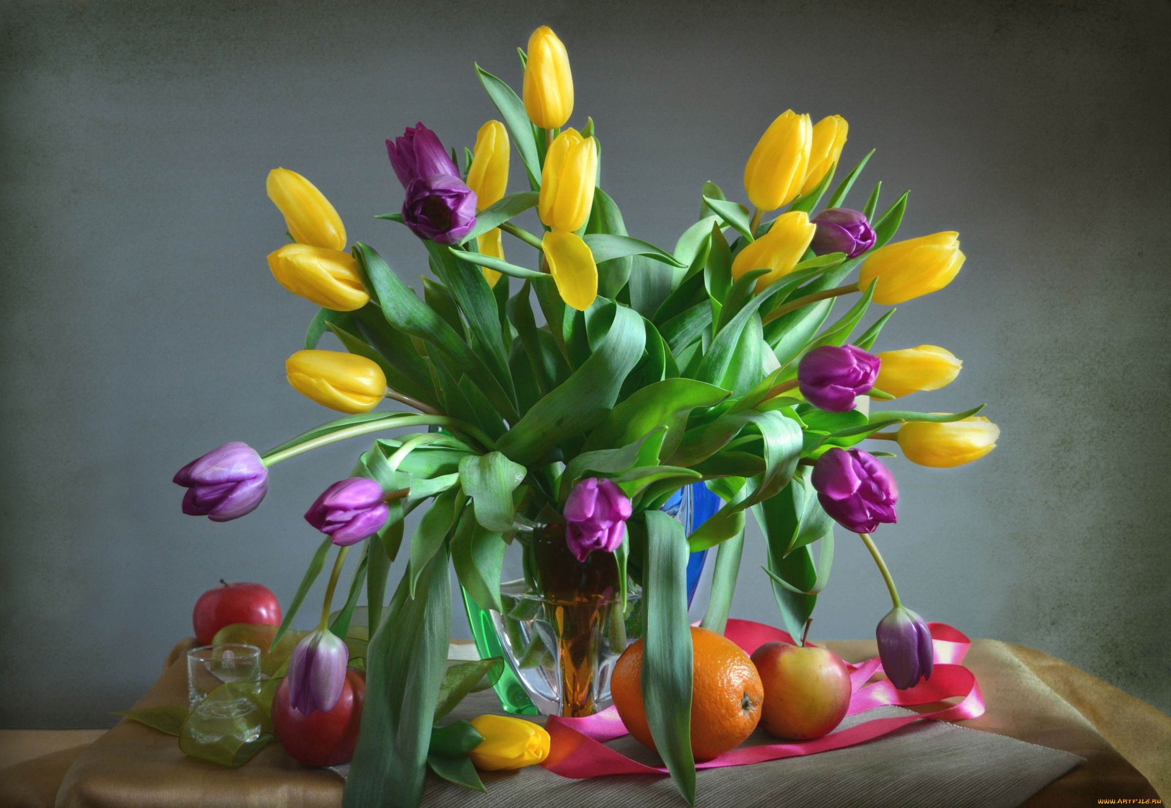 еда, натюрморт, апельсин, букет, тюльпаны, яблоко