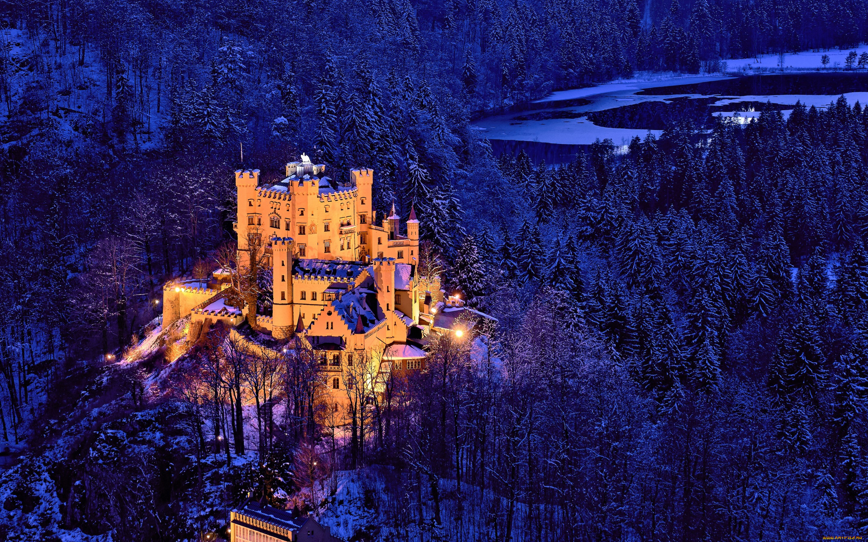 города, замки, германии, bavaria, germany, hohenschwangau, castle, зима, деревья, лес, замок, германия, бавария, хоэншвангау