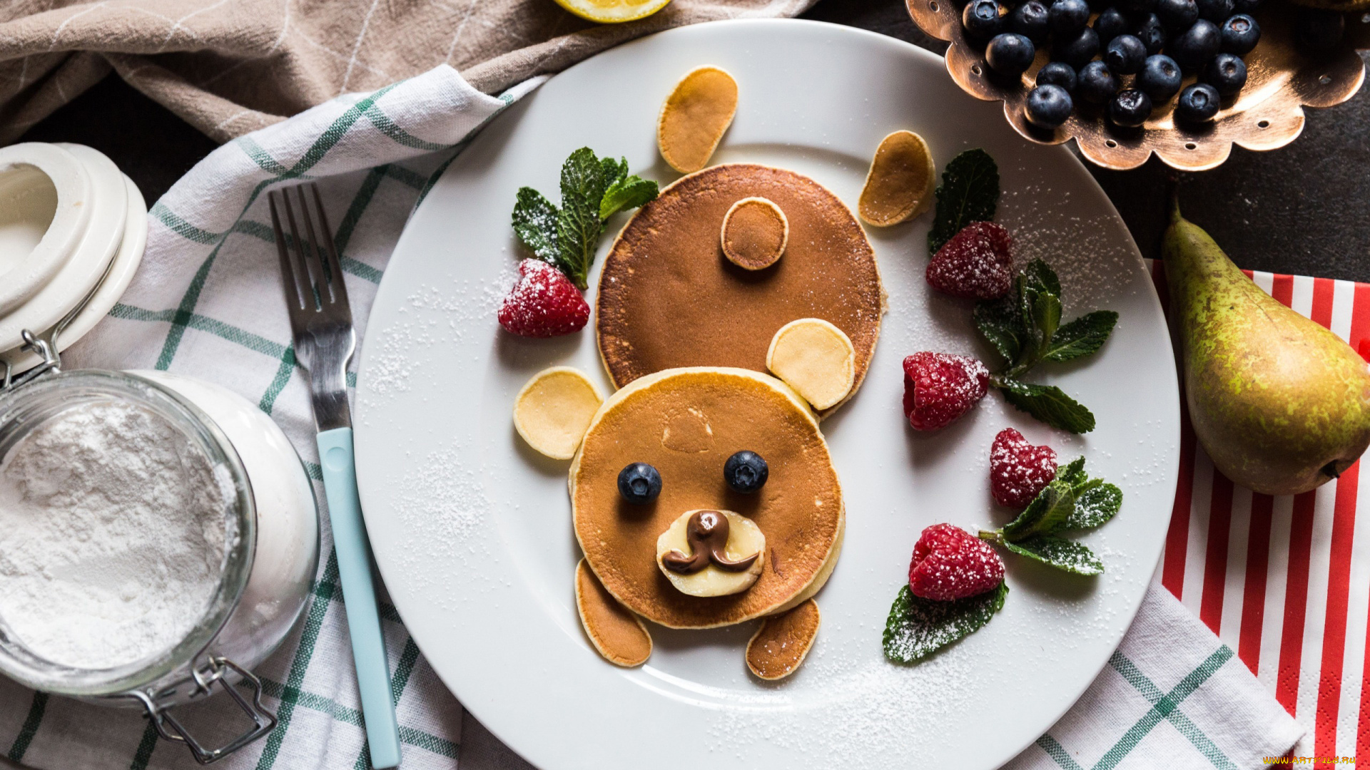 еда, блины, , оладьи, мята, груша, блинчики, малина, черника