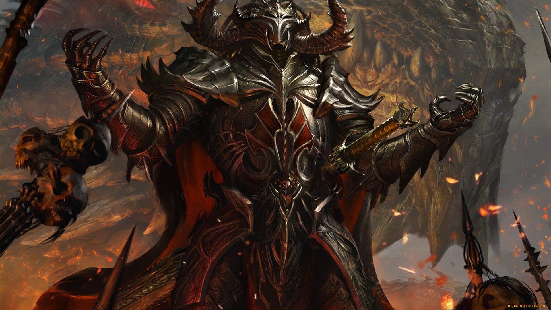 фэнтези, демоны, череп, оружие, копьё, кольчуга, латы, дракон, рыцарь