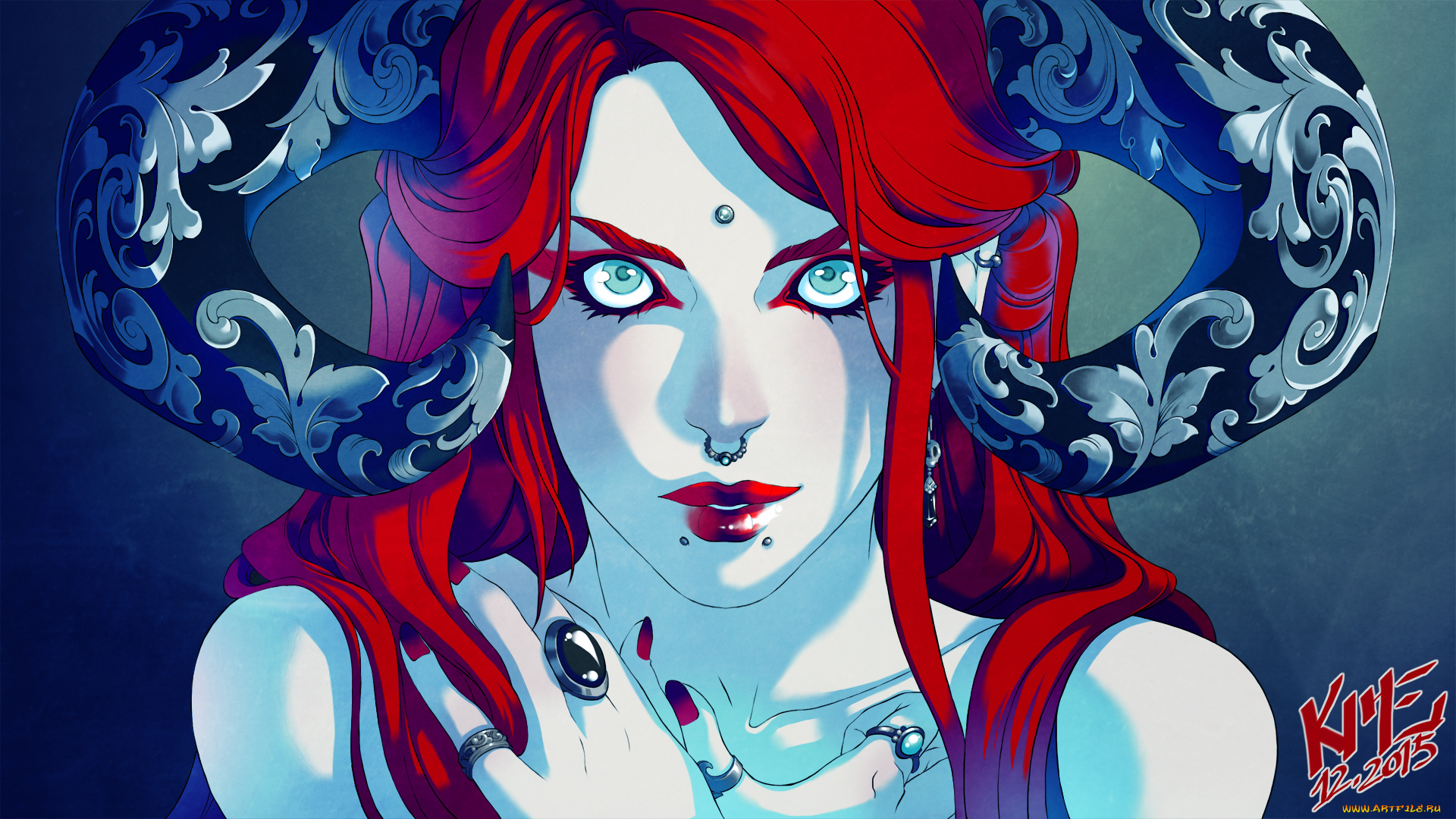 фэнтези, демоны, узоры, рога, демоница, кольцо, арт, пирсинг, фантастика, взгляд