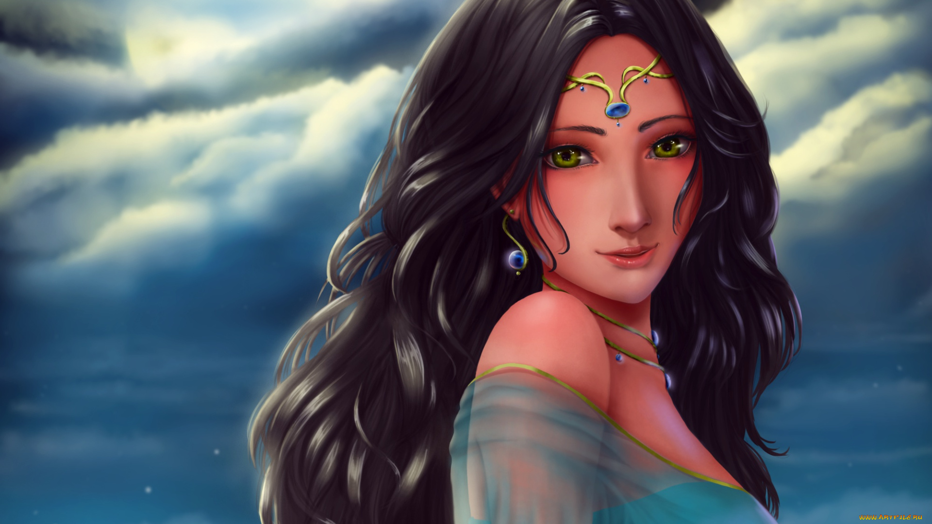 фэнтези, девушки, аниме, зеленые, глаза, украшения, волосы, девушка, облака, небо, взгляд, арт