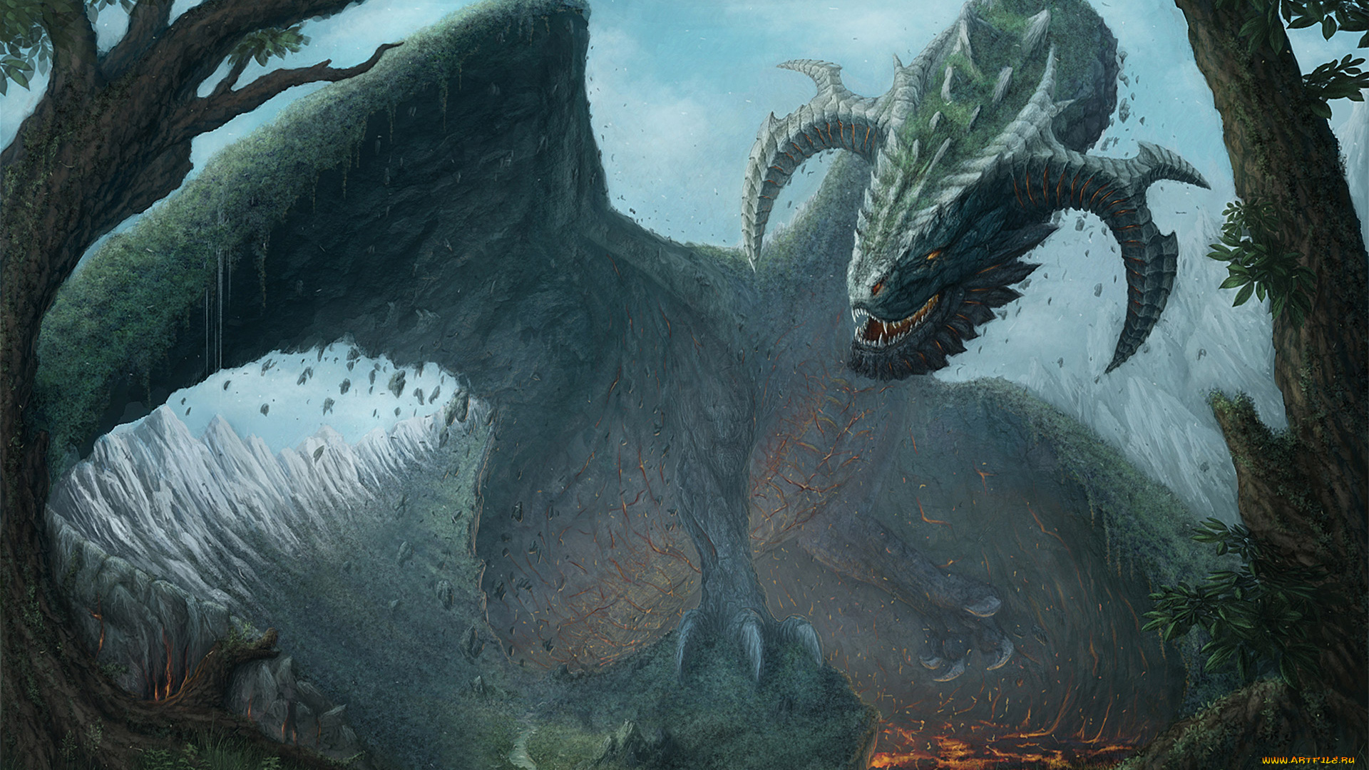 фэнтези, драконы, крылья, дракон, лес, огонь, пасть, сказочный