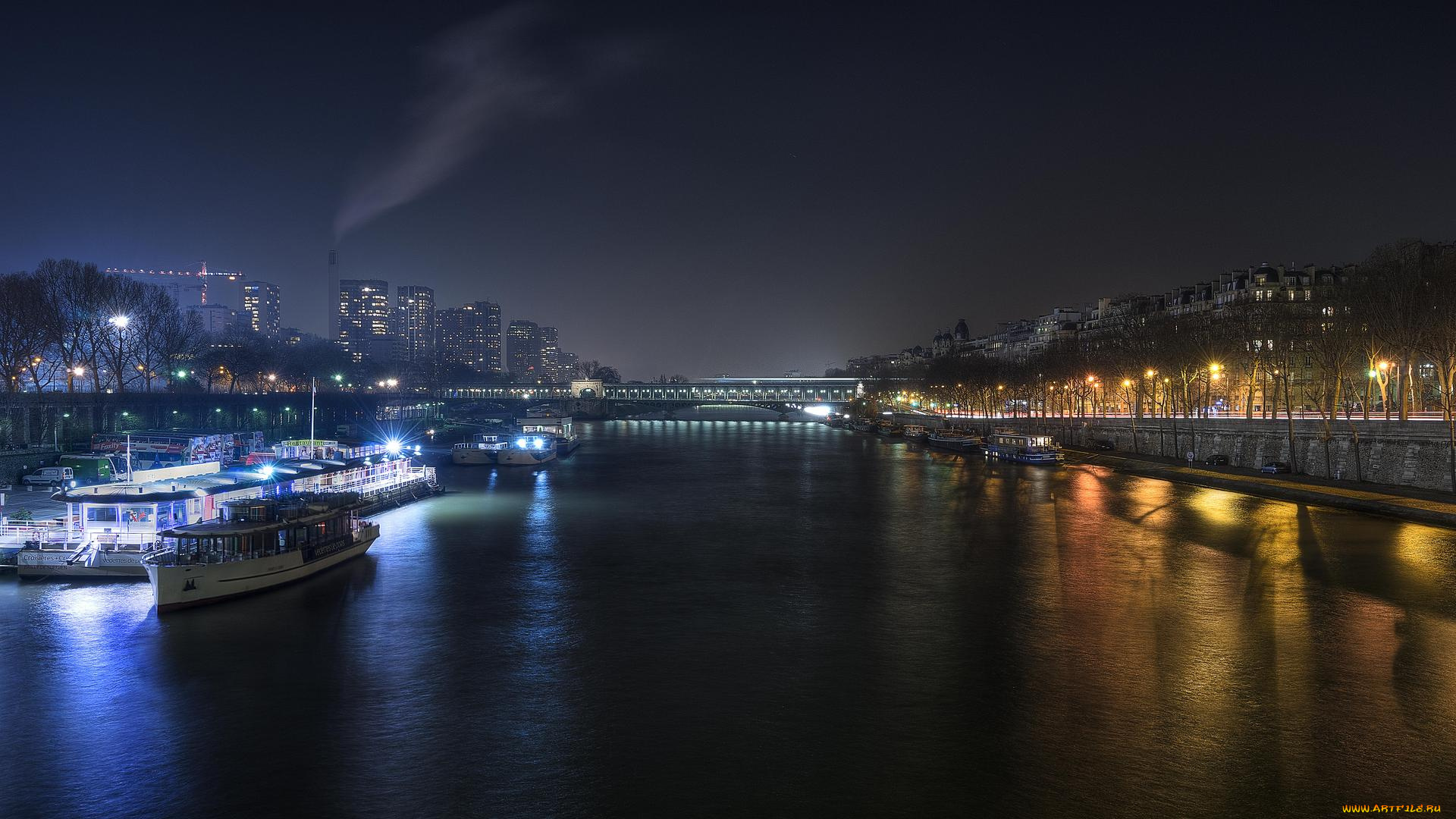 города, париж, , франция, париж, ночь, сена