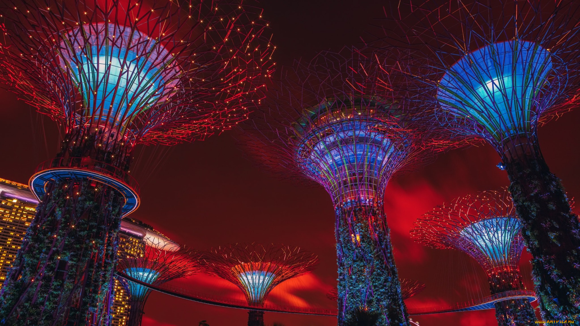 города, сингапур, , сингапур, фантастическая, архитектура, ночного