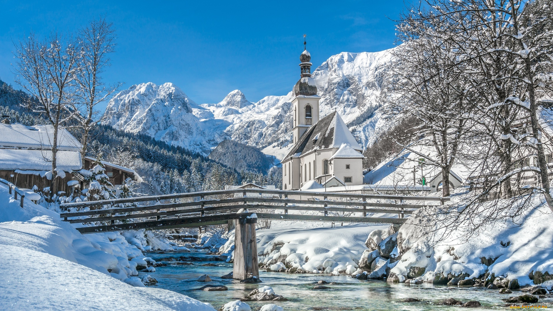 приходская, церковь, святого, себастьяна, в, рамзау-берхтесгаден, , баварские, альпы, города, -, католические, соборы, , костелы, , аббатства, снег, зима, храм, мост, река, горы