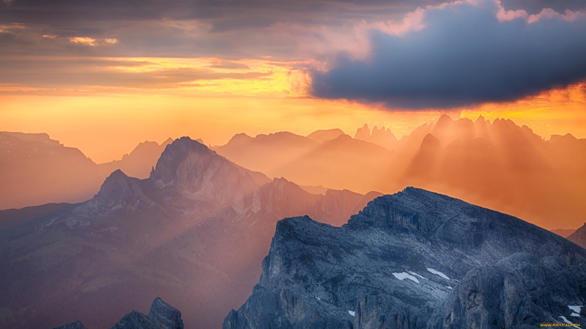 природа, горы, лучи, тучи, закат, небо, скалы, альпы