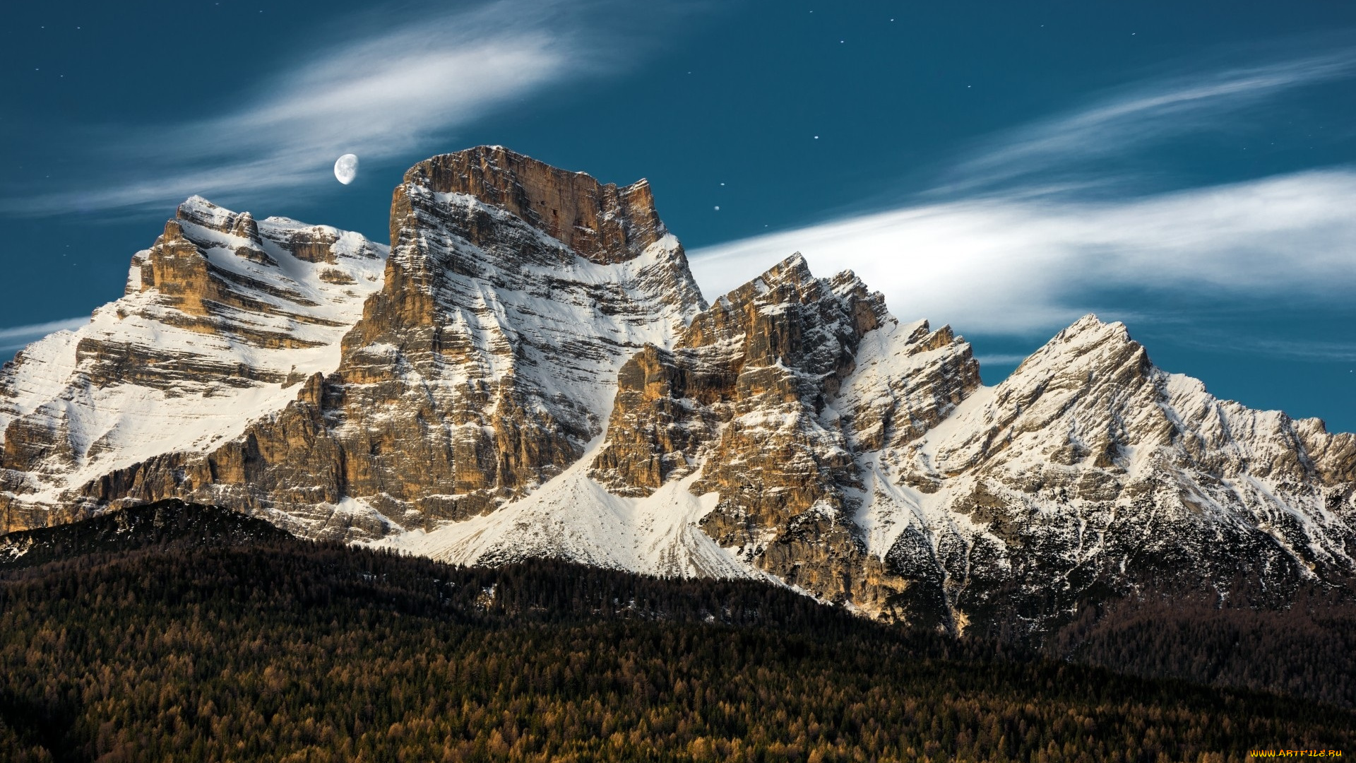 природа, горы, облака, снег, скалы, луна, небо, лес