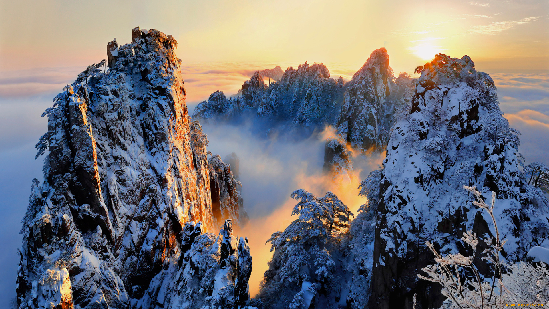 природа, горы, снег, скалы, зима, пейзаж, закат