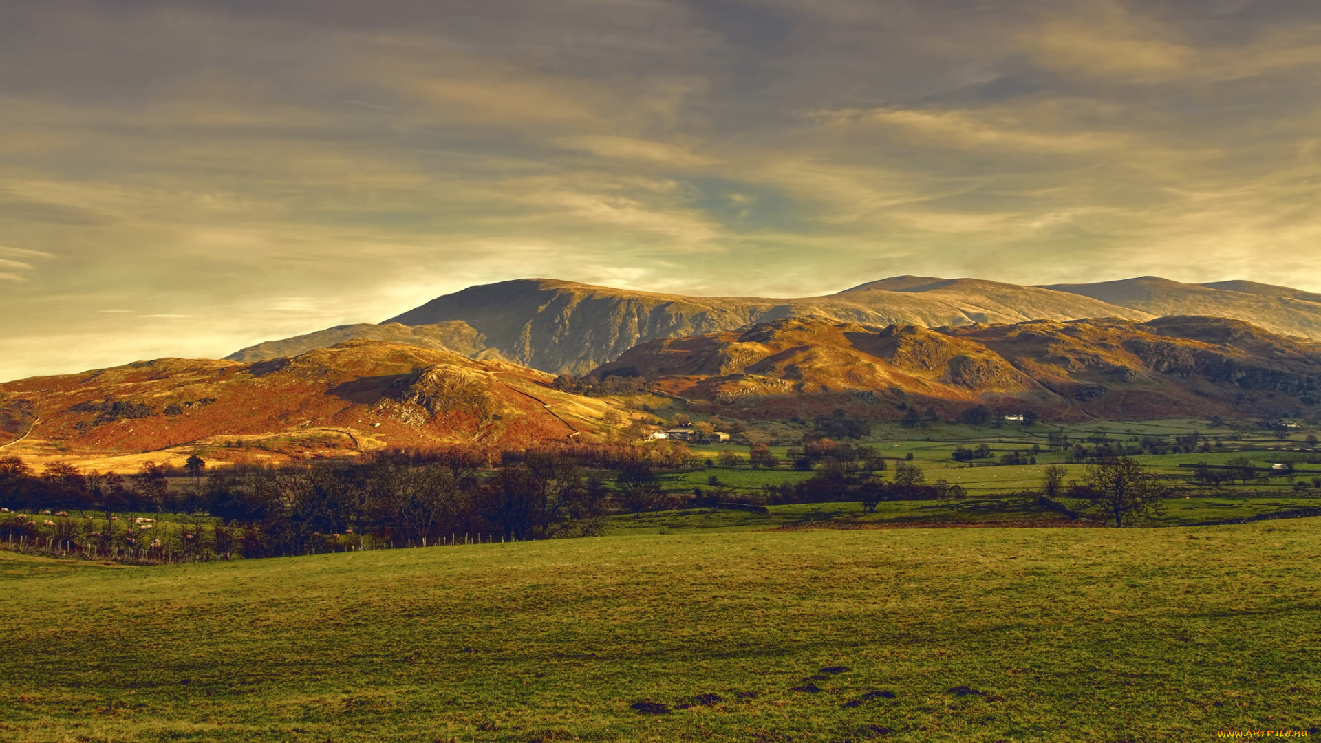 природа, пейзажи, закат, облака, поле, горы