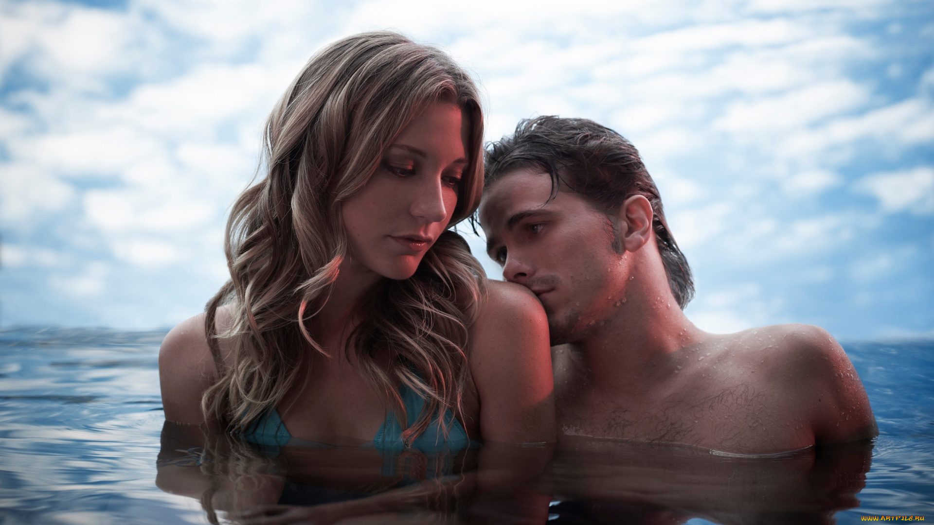 разное, мужчина, женщина, shia, labeouf, пара, купальник, море, облака