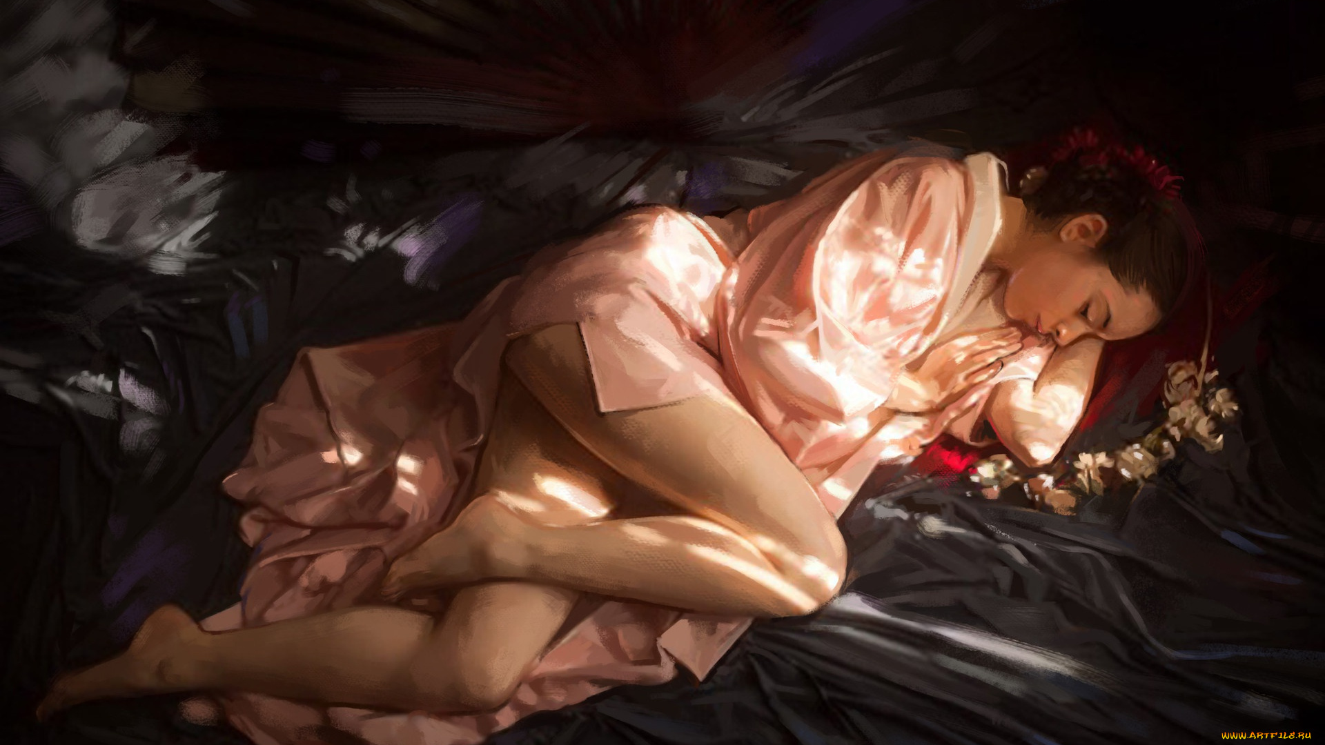 рисованное, люди, ноги, халат, постель, kishore, ghosh, покрывало, art, розовый, девушка, сон